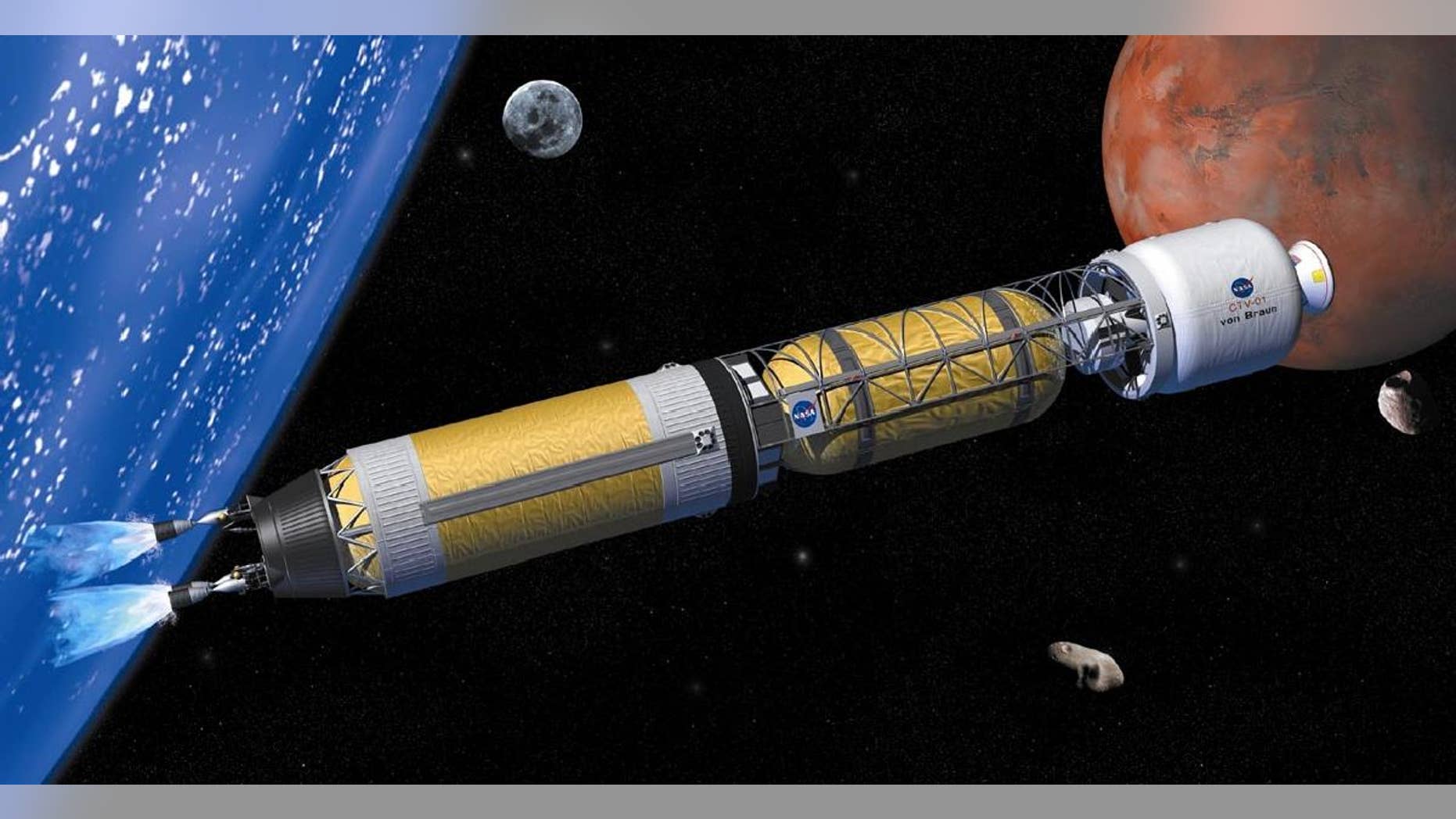 Nuclear thermal rockets like the one in this artistic rendering could halve the time needed for a Mars mission.