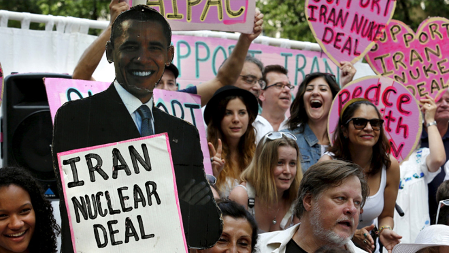 FILE: August 30, 2015: Activists rally outside the White House in Washington, D.C., in support of the Iran nuclear deal .