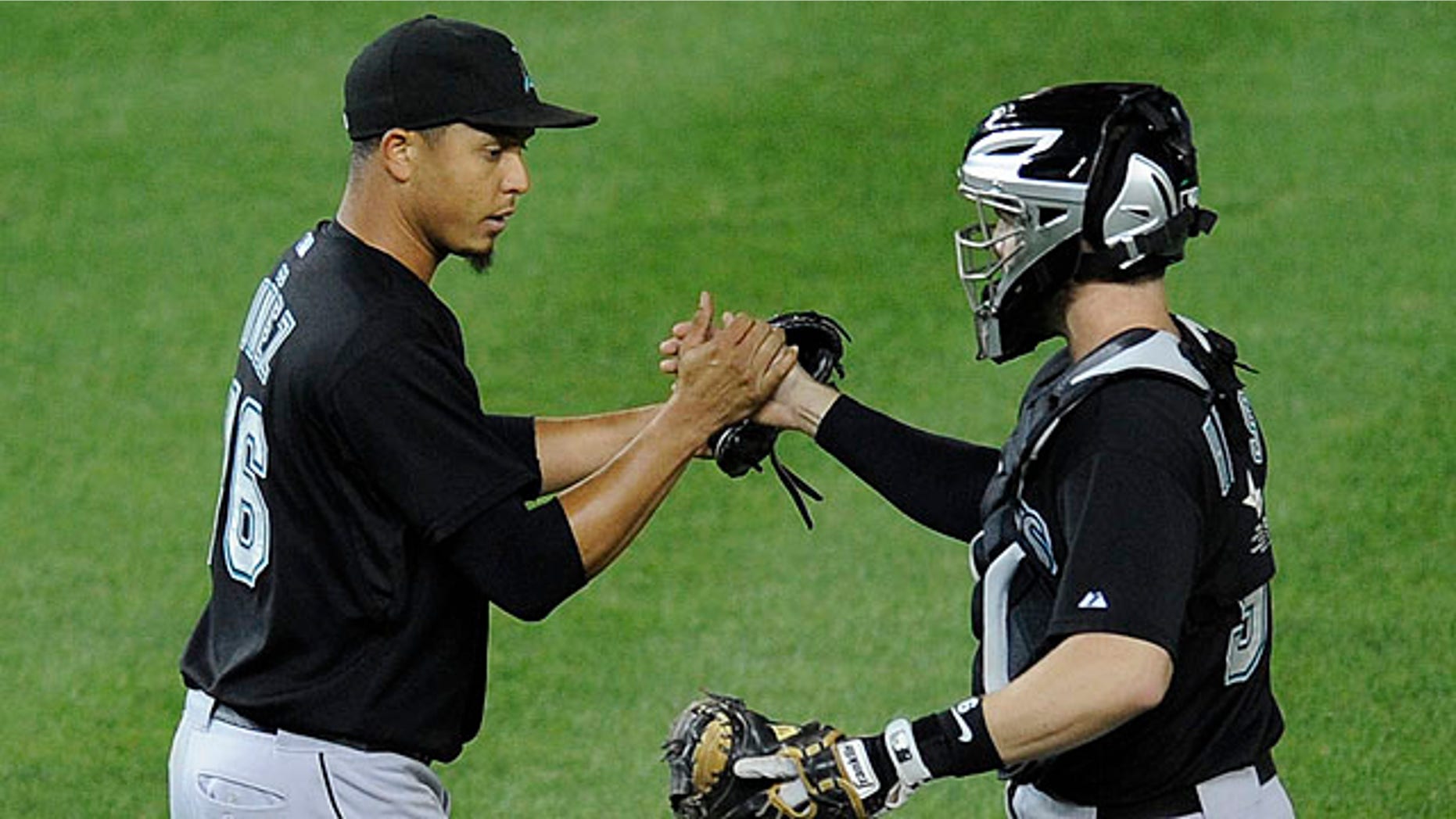Sept. 17: Florida Marlins relief pitcher Leo Nunez celebrates 4-1 win over the Washington Nationals with catcher Brett Hayes, right, in a baseball game in Washington.