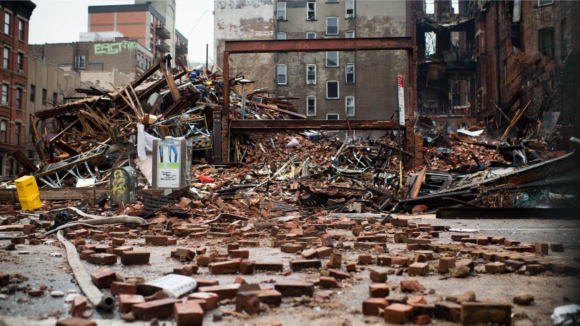 March 27, 2015: A pile of debris remains at the site of a building explosion in the East Village neighborhood of New York.