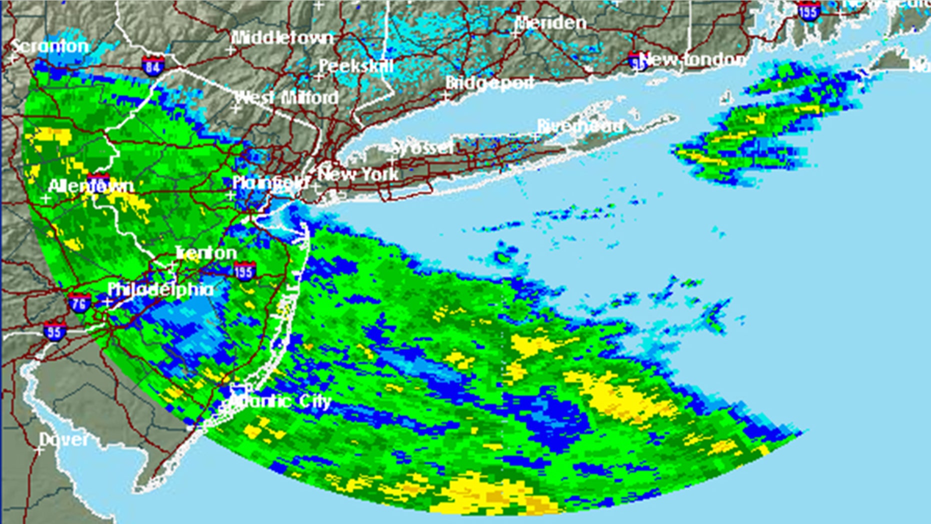 The radar image from 6 p.m. shows the current forecast over New York ahead of the impending storm.