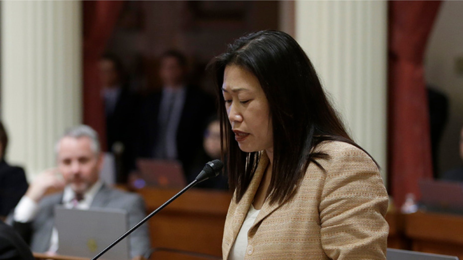 FILE: Feb. 23, 2017: California state GOP Sen. Janet Nguyen, removed from the chamber after refusing to end a speech critical of former legislator Tom Hayden and his anti-Vietnam war activism. (AP)