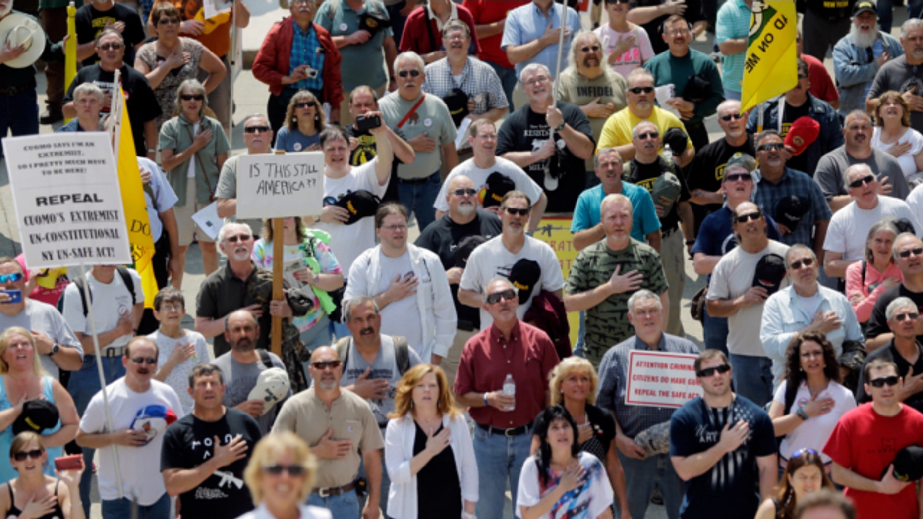 May 21, 2013: People recite the Pledge of Allegiance during a Second Amendment rally at the Capitol in Albany, N.Y.