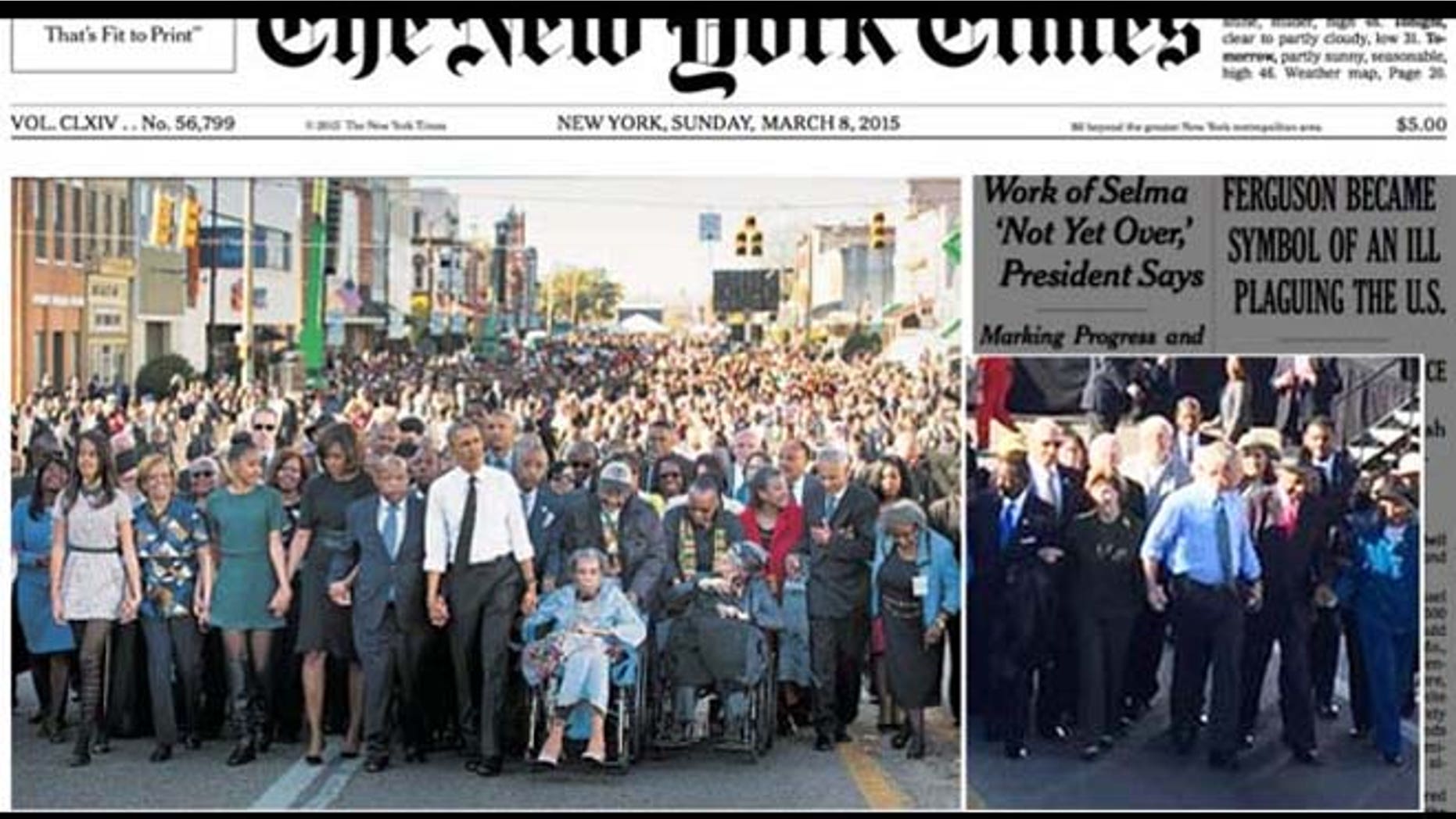 WHAT YOU DIDN'T SEE: Shown at left is the front-page image on Sunday's New York Times of the anniversary march in Selma, Ala. At right is an AP photo showing former President George W. Bush and his wife Laura, not shown in the NYT photo.