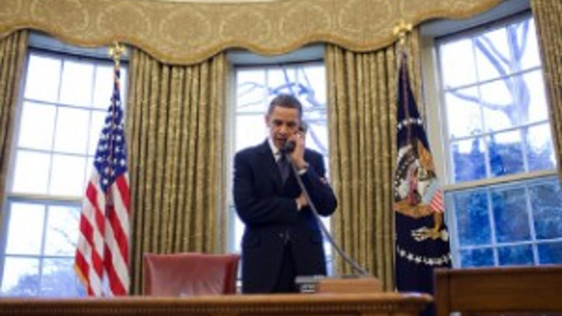 President Barack Obama discusses the START treaty, during a phone call with President Dmitry Medvedev of Russia in the Oval Office, March 26, 2010. (Official White House Photo by Pete Souza)