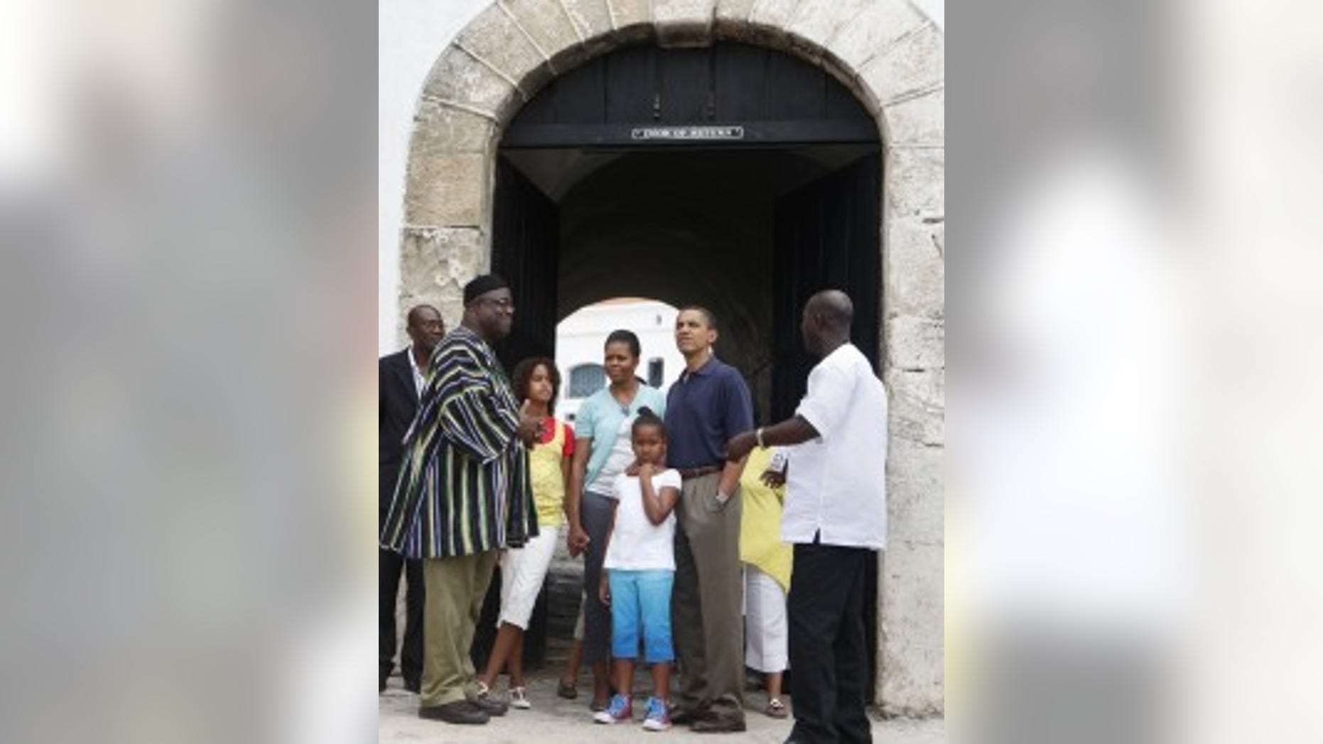 President Barack Obama, first lady Michelle Obama and their daughters Malia and Sasha on a tour of the Cape Coast Castle in Cape Coast, Ghana, Saturday, July 11, 2009. (AP Photo/Haraz N. Ghanbari)
