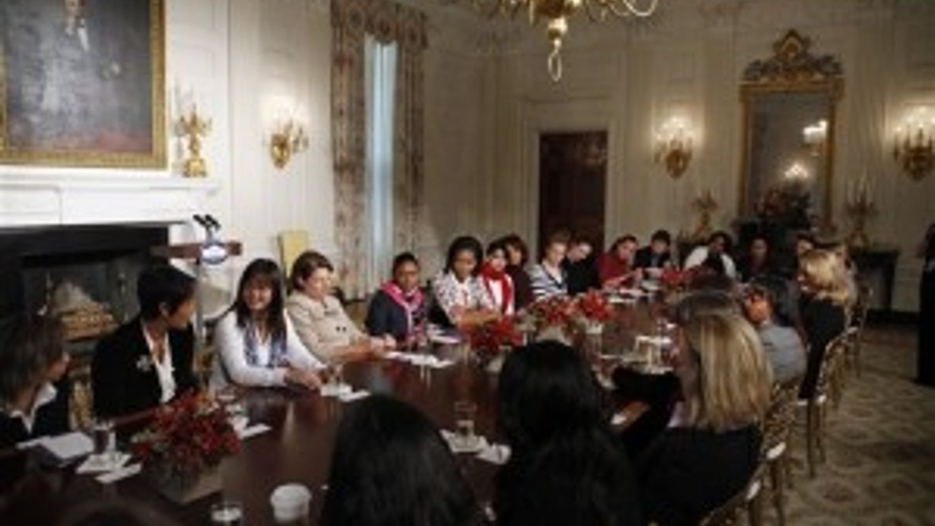 First Lady Michelle Obama hosts a White House leadership and mentoring program in the State Dining Room of the White House. AP Photo