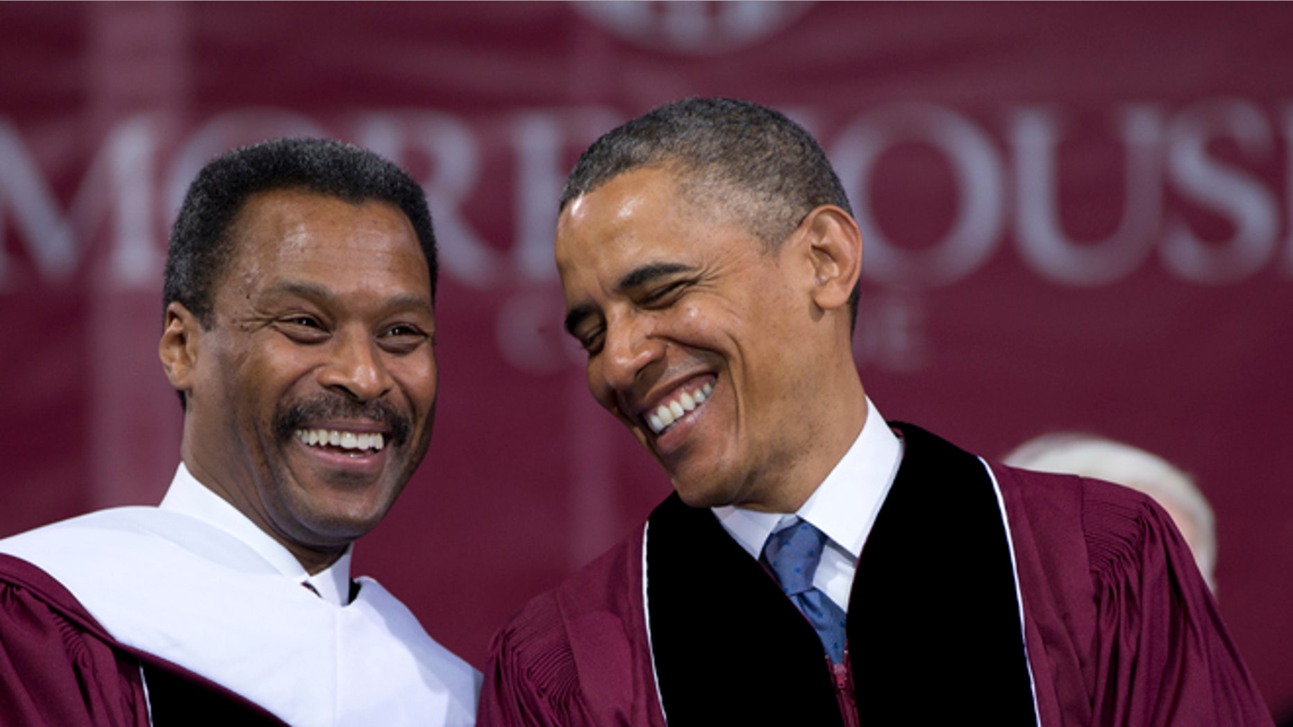 President Obama and Morehouse President John Silvanus Wilson Jr., together on stage during the Morehouse College 129th Commencement ceremony, Sunday, May 19, 2013, in Atlanta.