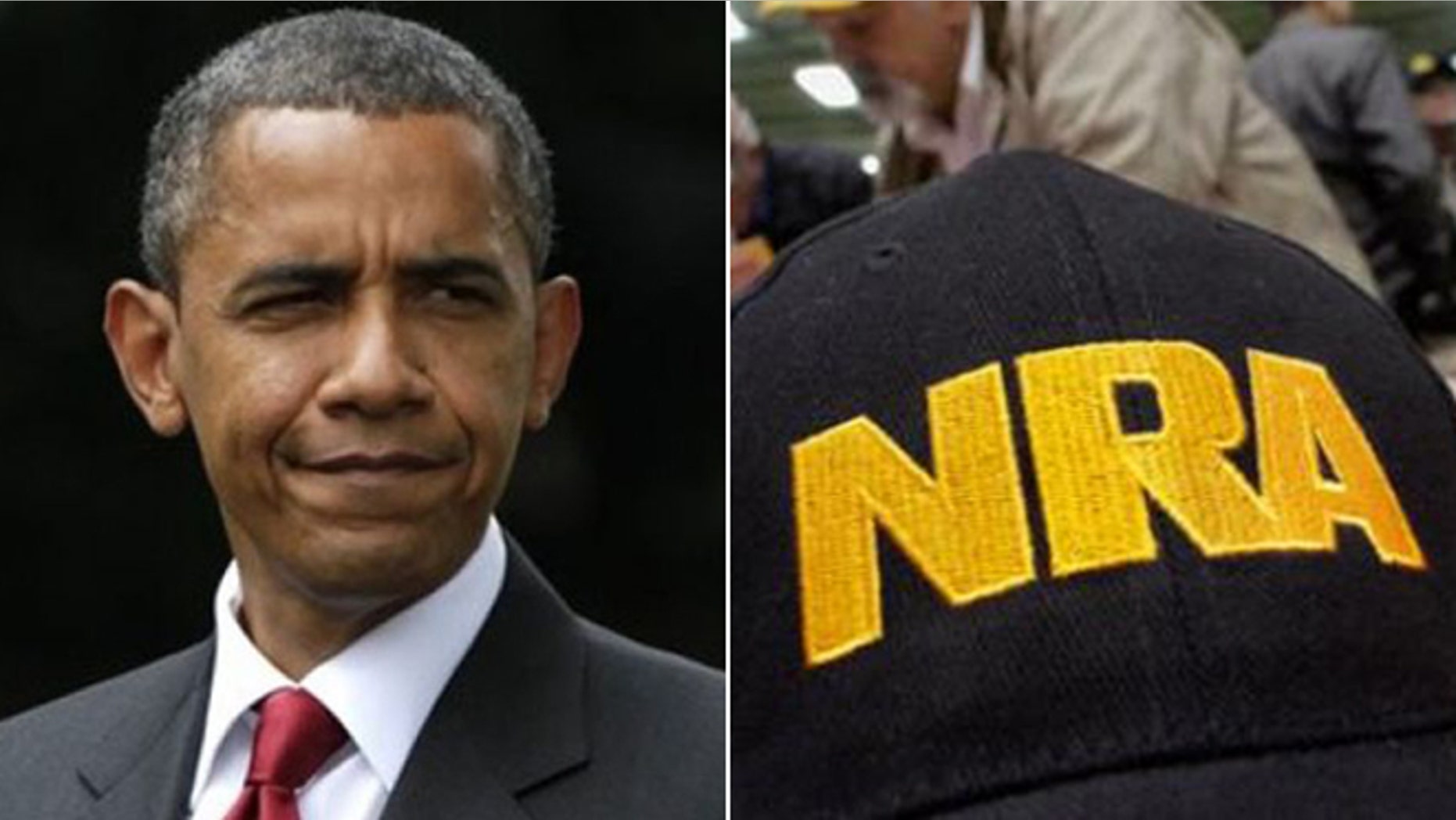 President Barack Obama and memorabilia from the National Rifle Association are shown in this composite.