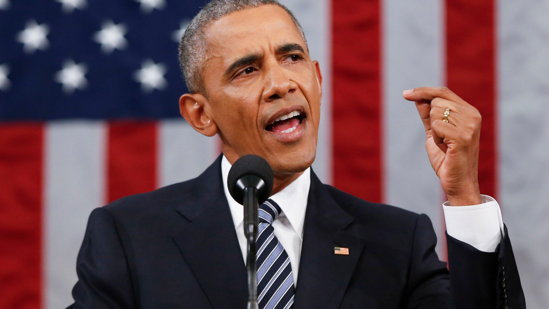 WASHINGTON, DC - JANUARY 12: President Barack Obama delivers his State of the Union address before a joint session of Congress on Capitol Hill January 12, 2016 in Washington, D.C. In his final State of the Union, President Obama reflected on the past seven years in office and spoke on topics including climate change, gun control, immigration and income inequality. (Photo by Evan Vucci - Pool/Getty Images)