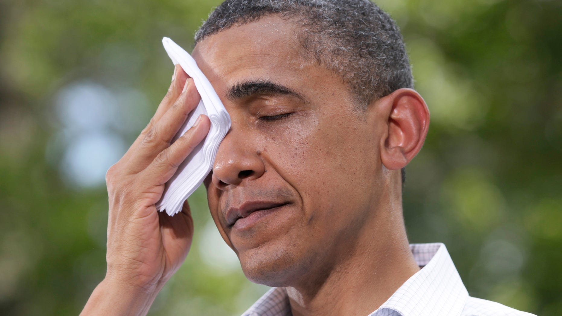 President Obama wipes his brow as he speaks during a town hall meeting at Lower Hannah's Bend Park in Cannon Falls, Minn., Monday, Aug. 15, 2011.
