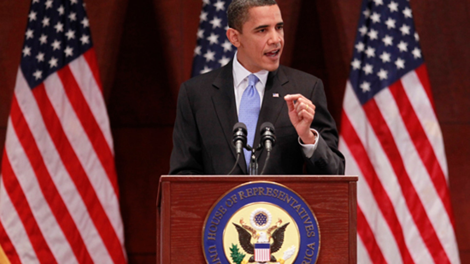 President Barack Obama speaks during his visit to Capitol Hill to meet with House Democrats, in Washington, Saturday, March 20, 2010. (AP)