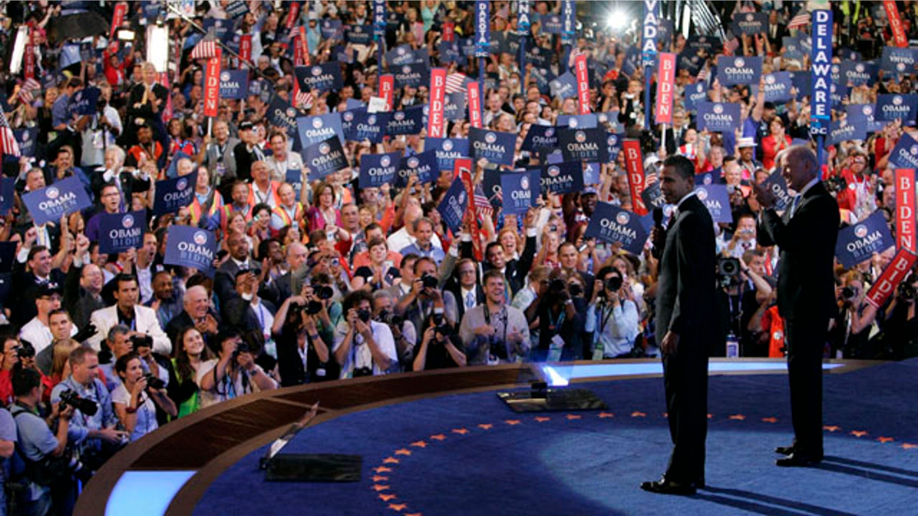 Aug. 27, 2008: Then-Democratic presidential nominee Barack Obama stands on stage with then-Sen. Joe Biden at the Democratic National Convention in Denver.