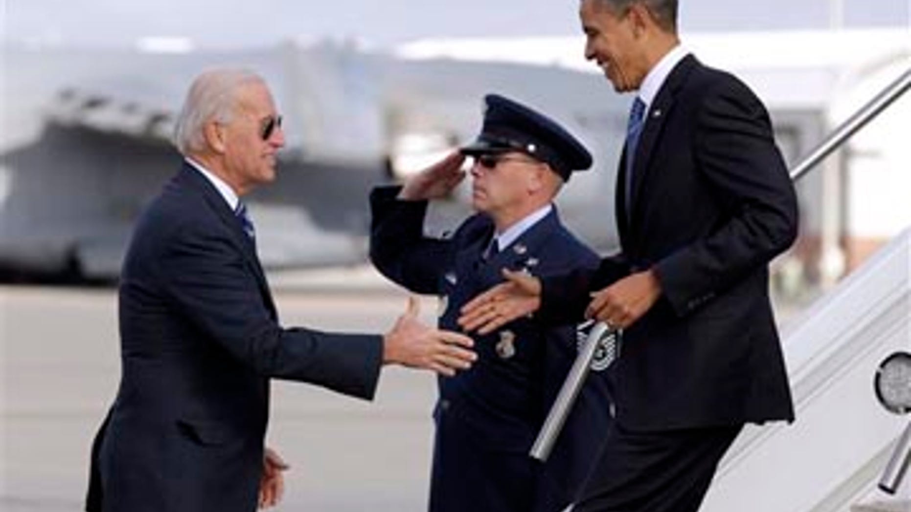 Tuesday: President Obama is greeted by Vice President Biden upon his arrival at Grissom Air Reserve Base, Ind., on the way to nearby Kokomo to speak at Chrysler's Indiana Transmission Plant.