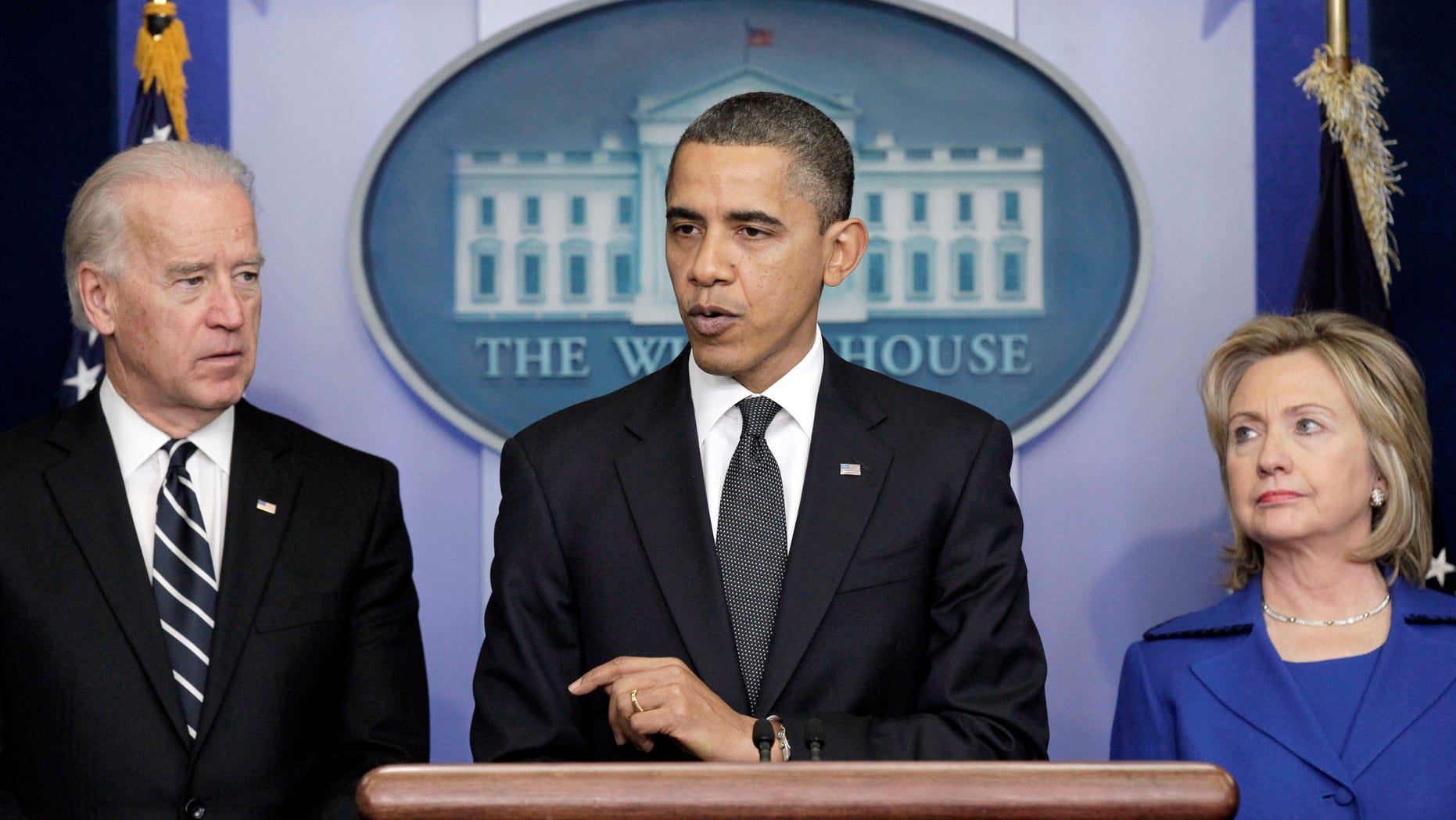 President Obama, accompanied by Vice President Biden and Secretary of State Hillary Clinton, delivers a statement in the Brady Press Briefing room in the White House in Washington, Thursday, Dec. 16, 2010, on the Afghanistan-Pakistan Annual Review. (AP)