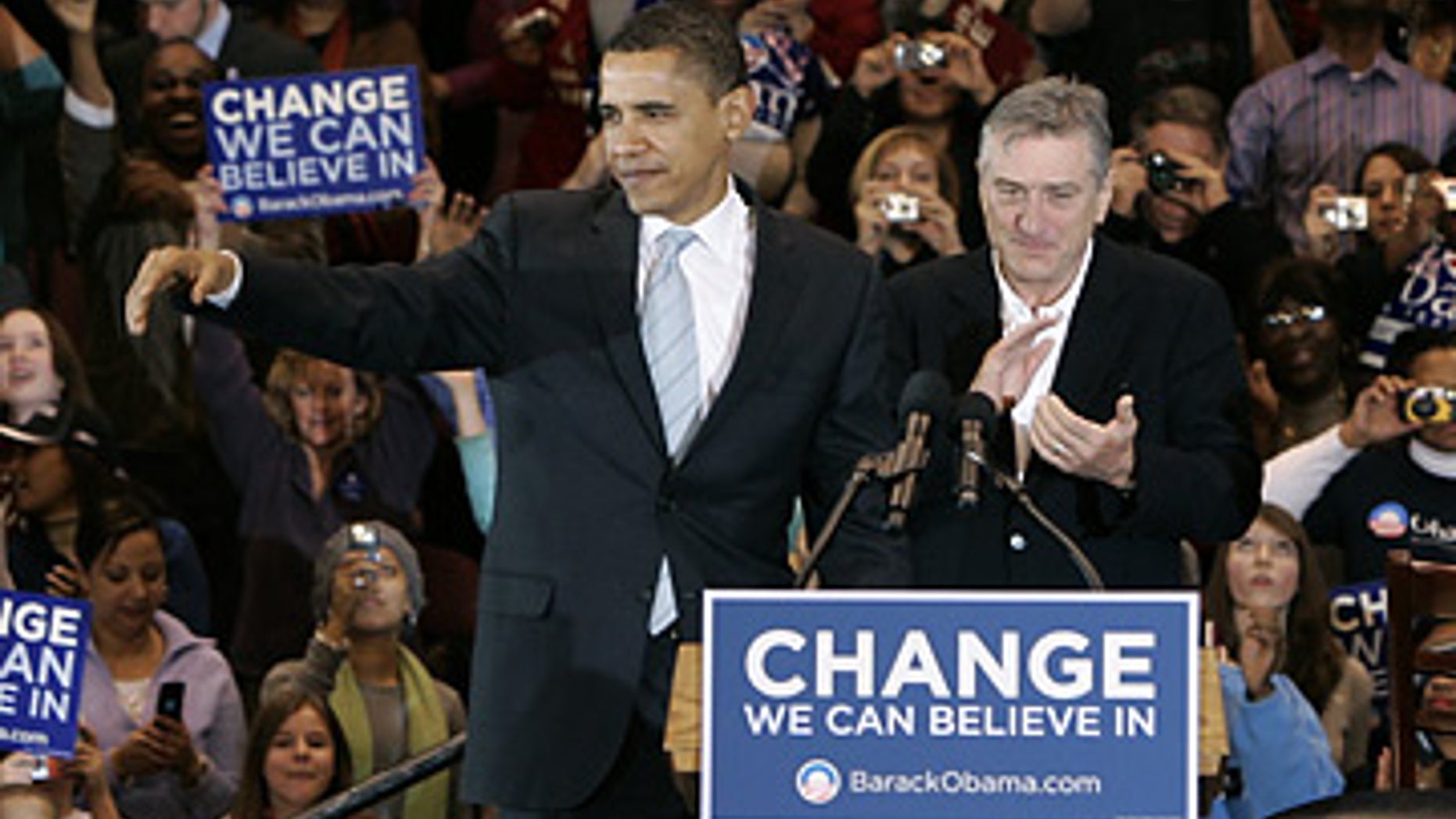 Then Sen. Barack Obama campaigns with Robert DeNiro in New Jersey on Feb. 4, 2008. (AP)