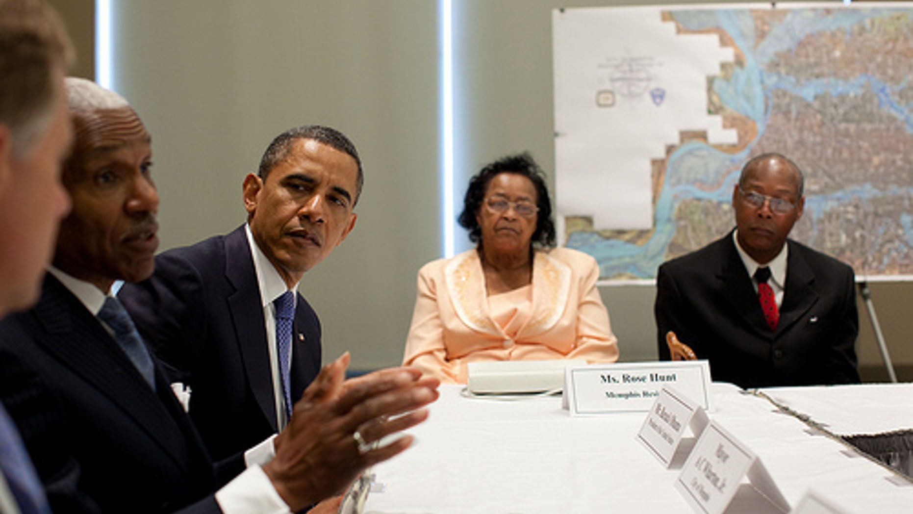 President Barack Obama listens as Memphis Mayor A.C. Wharton speaks during a meeting with elected officials and families affected by the floods in Memphis, Tenn., May 16, 2011. (Official White House Photo by Pete Souza)