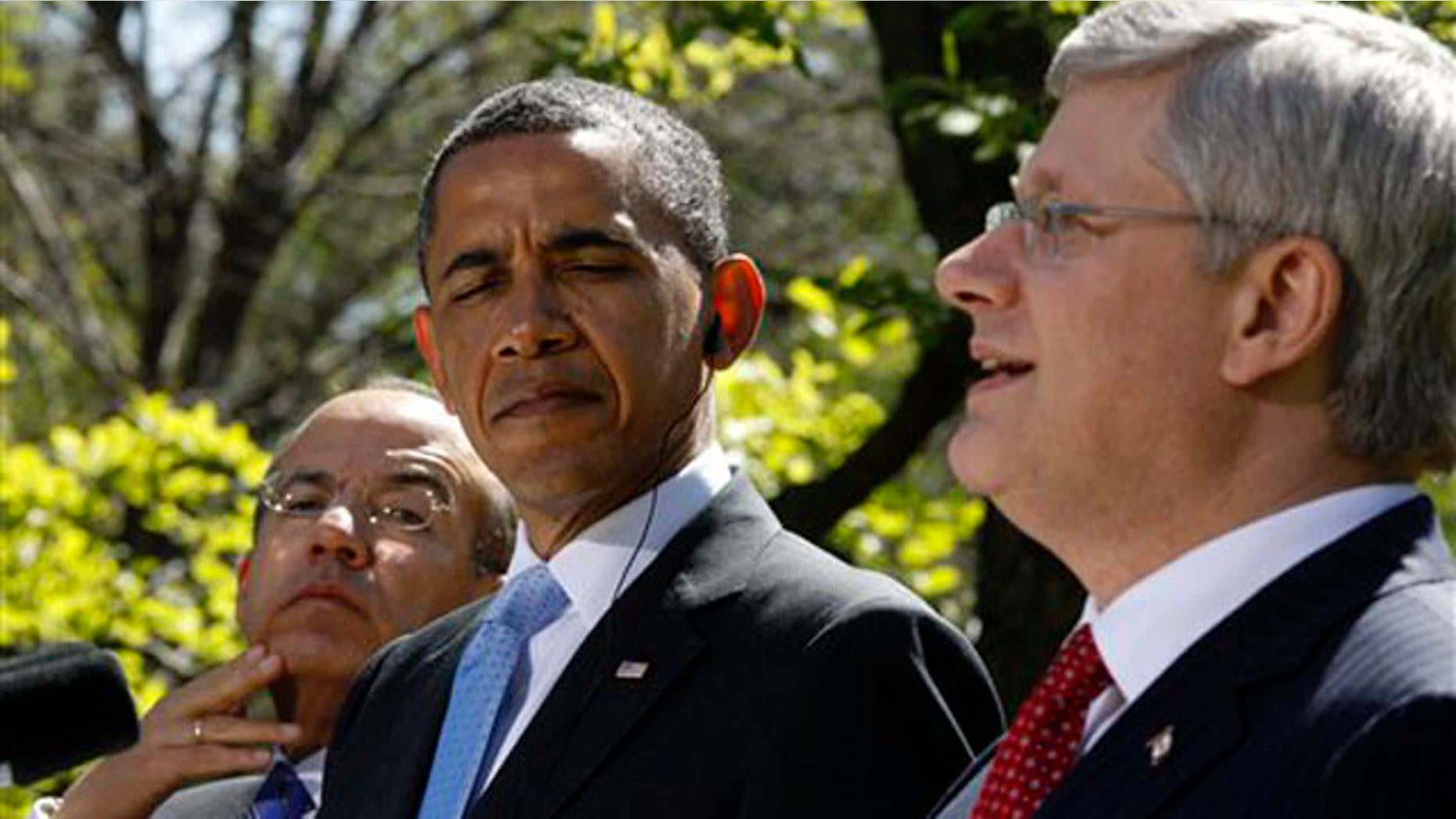 April 2, 2012: President Obama, Mexico's President Felipe Calderon, left, and Canada's Prime Minister Stephen Harper take part in a joint news conference in the Rose Garden.
