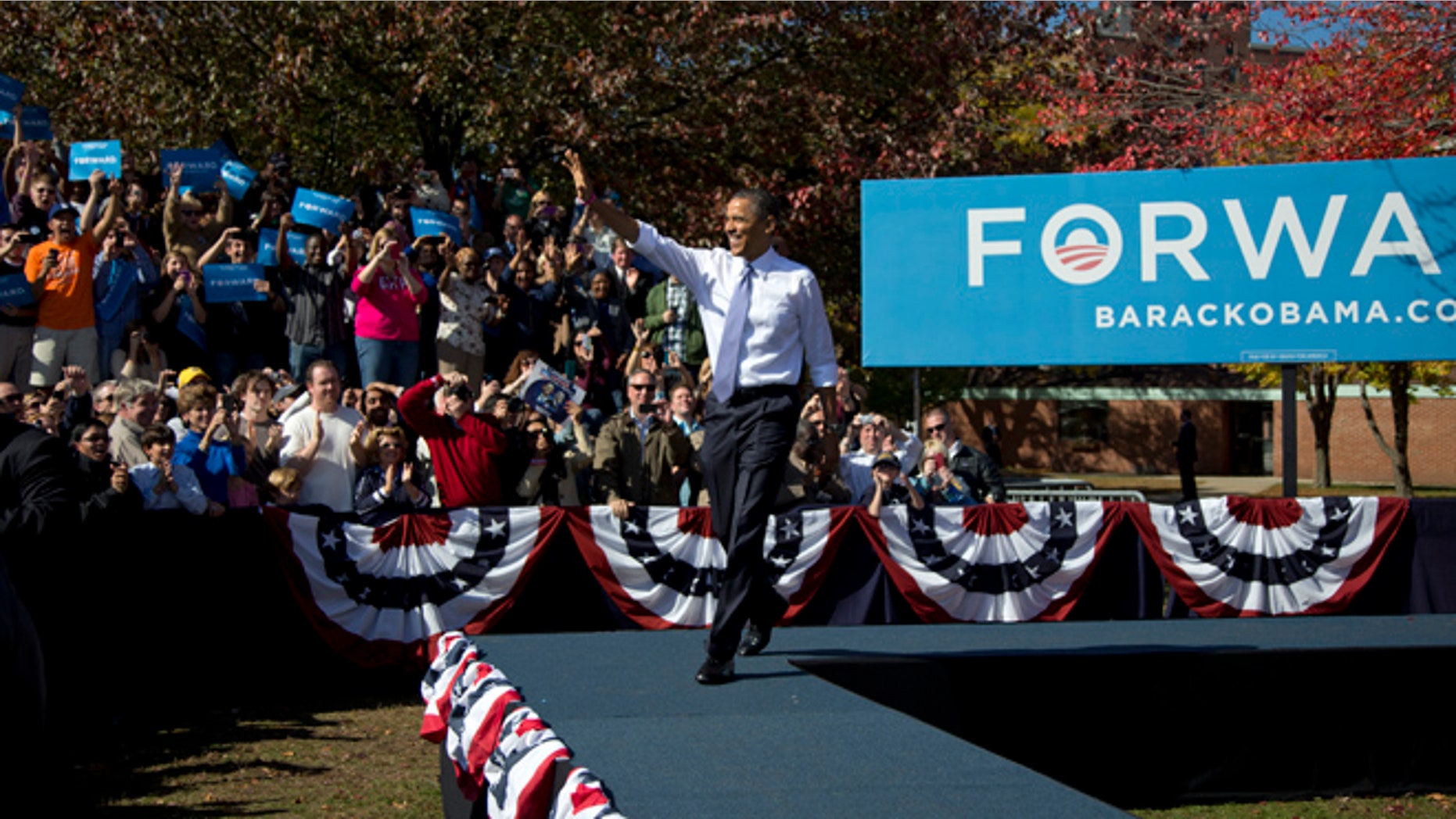 Oct. 18, 2012: President Obama arrives to speak at a campaign event in Manchester, N.H.