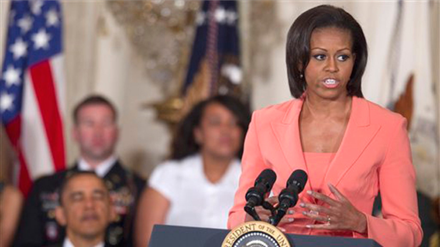 First lady Michelle Obama speaks in the East Room of the White House April 12 during the launch a national initiative to support and honor America's service members and their families.