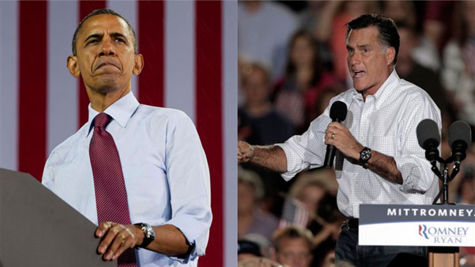 President Obama is shown campaigning in Milwaukee Sept. 22, while Mitt Romney is shown in Denver Sept. 23.