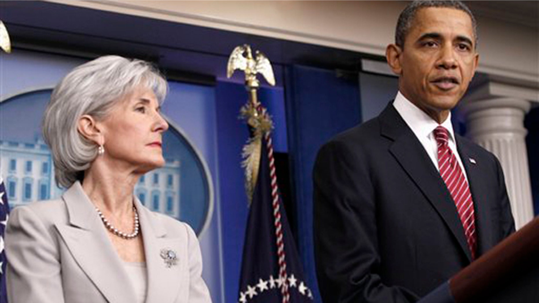 Feb. 10, 2012: President Obama, accompanied by Health and Human Services Secretary Kathleen Sebelius, speaks at the White House.
