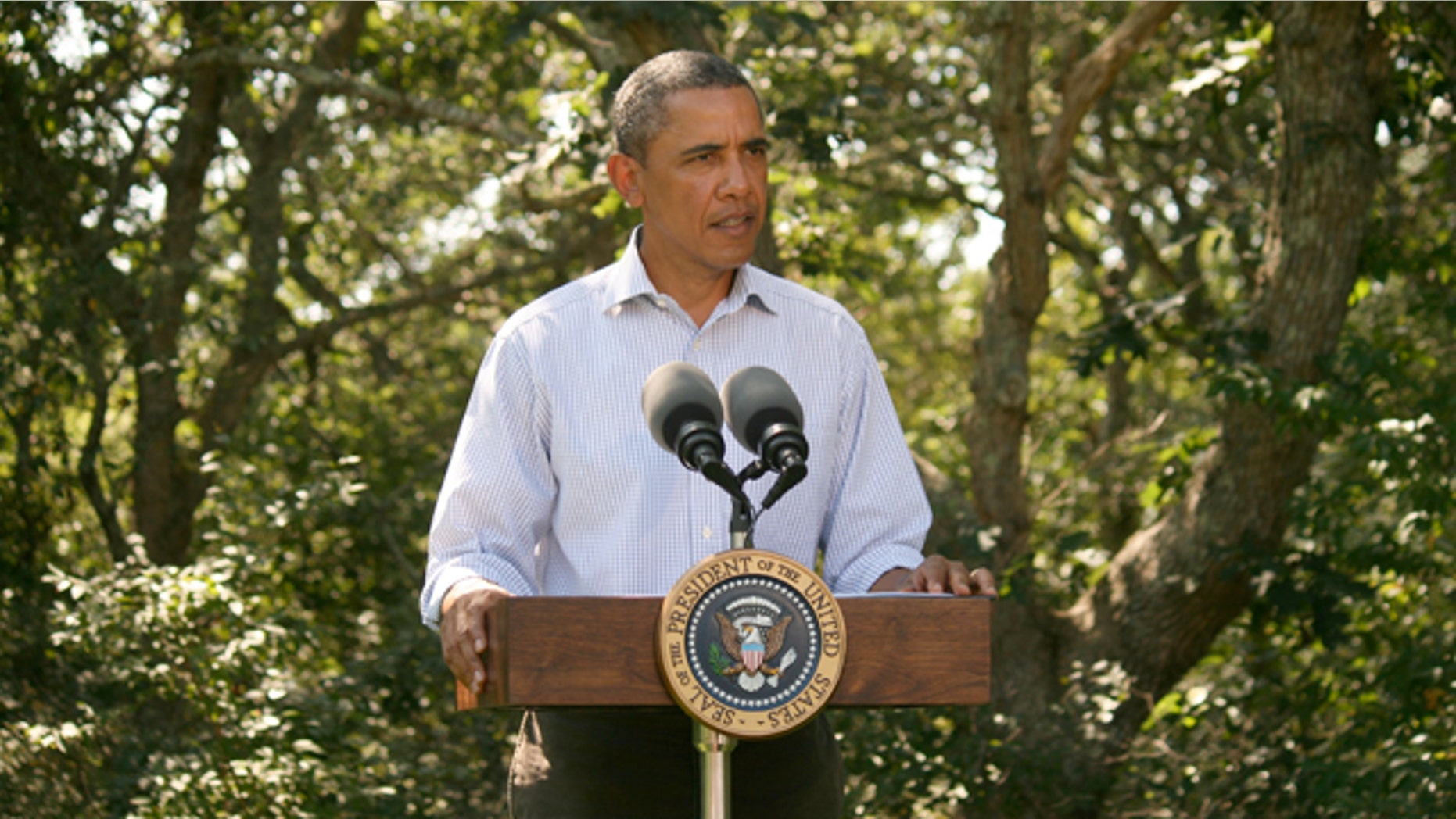 President Obama delivers a statement on Hurricane Irene in Martha's Vineyard Aug. 26.