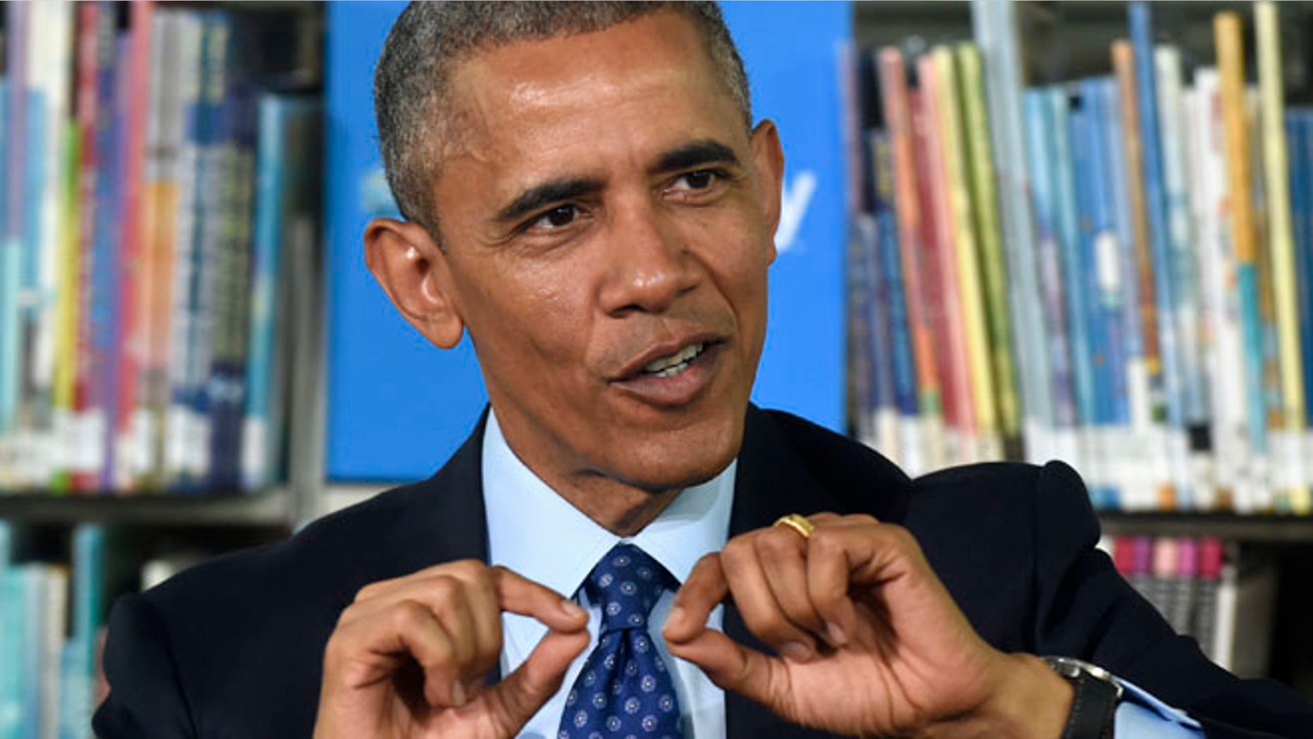 Apr. 20, 2015: President Barack Obama speaks at Anacostia Library in Washington as he participates in a live "virtual field trip" with middle school students to announce two initiatives to improve education through digital connectivity. (AP)
