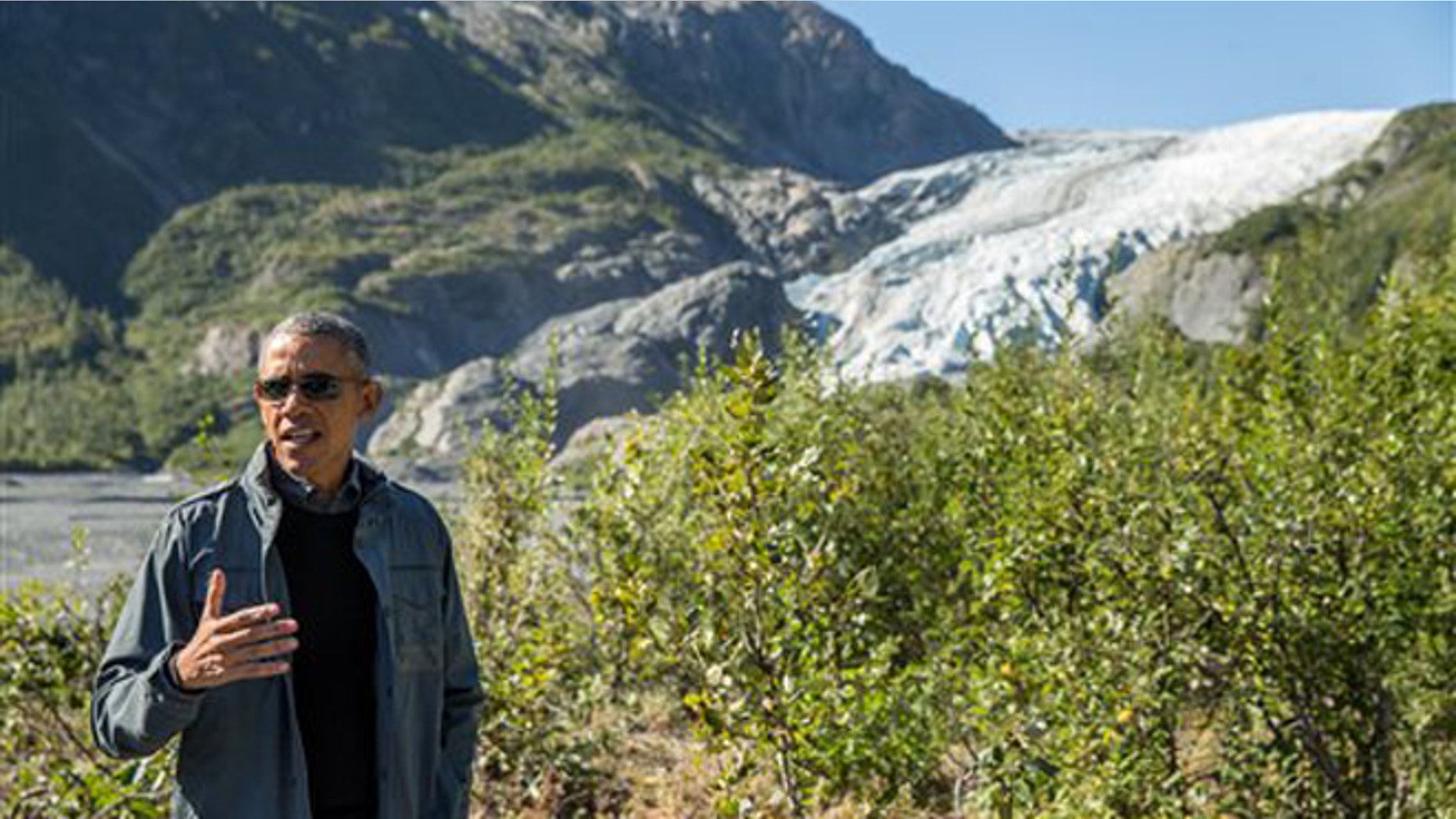 Sept. 1, 2015: President Barack Obama speaks to members of the media while on a hike to the Exit Glacier in Seward, Alaska, which according to National Park Service research, has retreated approximately 1.25 miles over the past 200 years.