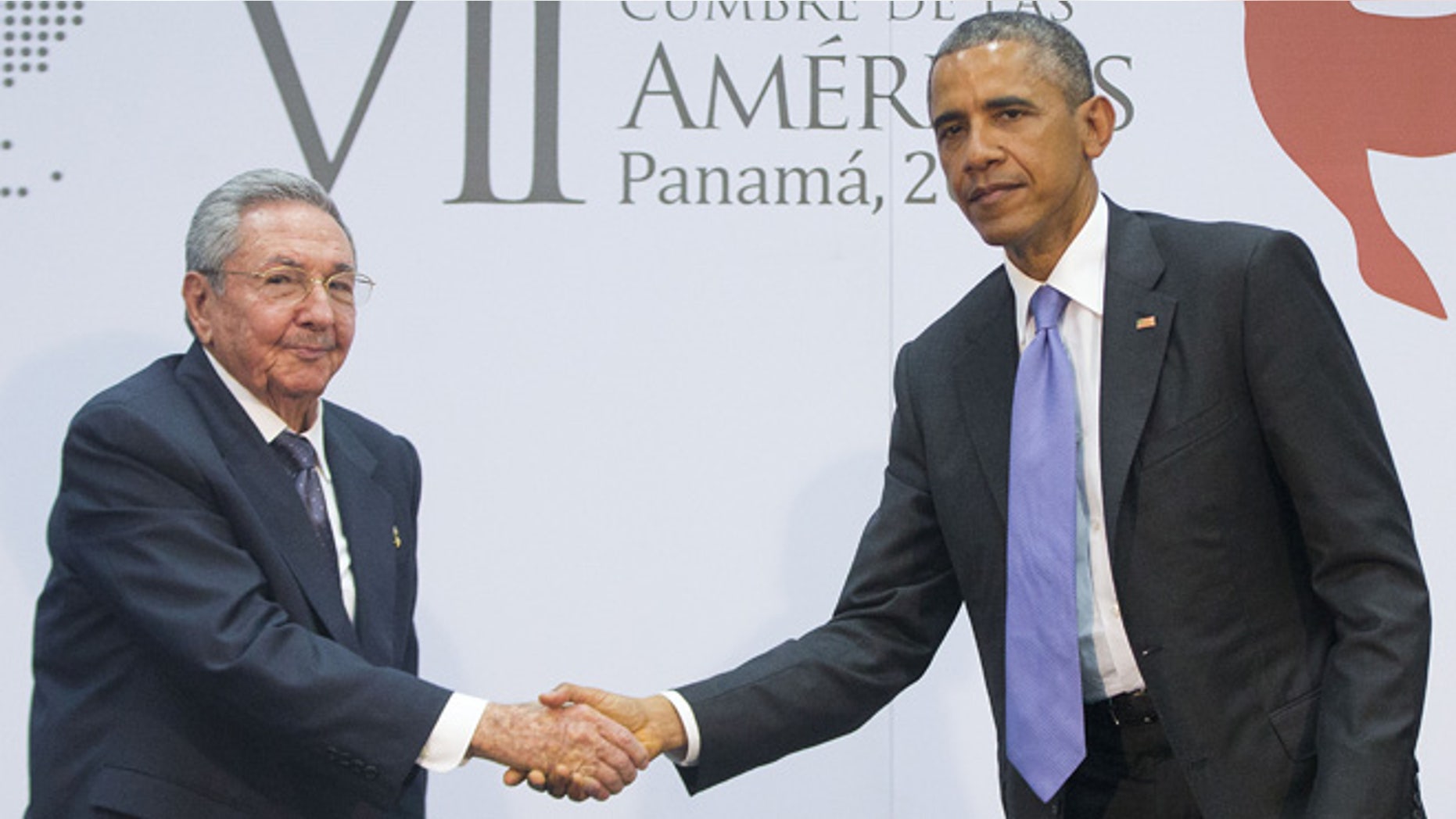 Apr. 11, 2015: US President Barack Obama and Cuban President Raul Castro shake hands during their meeting at the Summit of the Americas in Panama City, Panama. (AP)