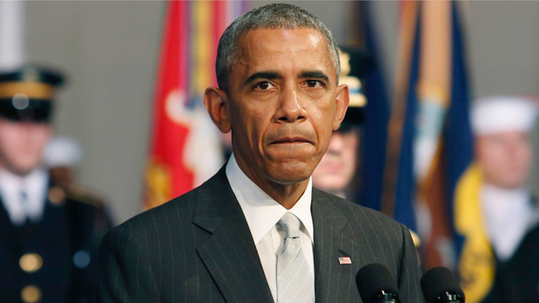 January 28, 2015: U.S. President Barack Obama delivers remarks at the armed services farewell in honor of Defense Secretary Chuck Hagel at Joint Base Myer-Henderson Hall in Virginia.