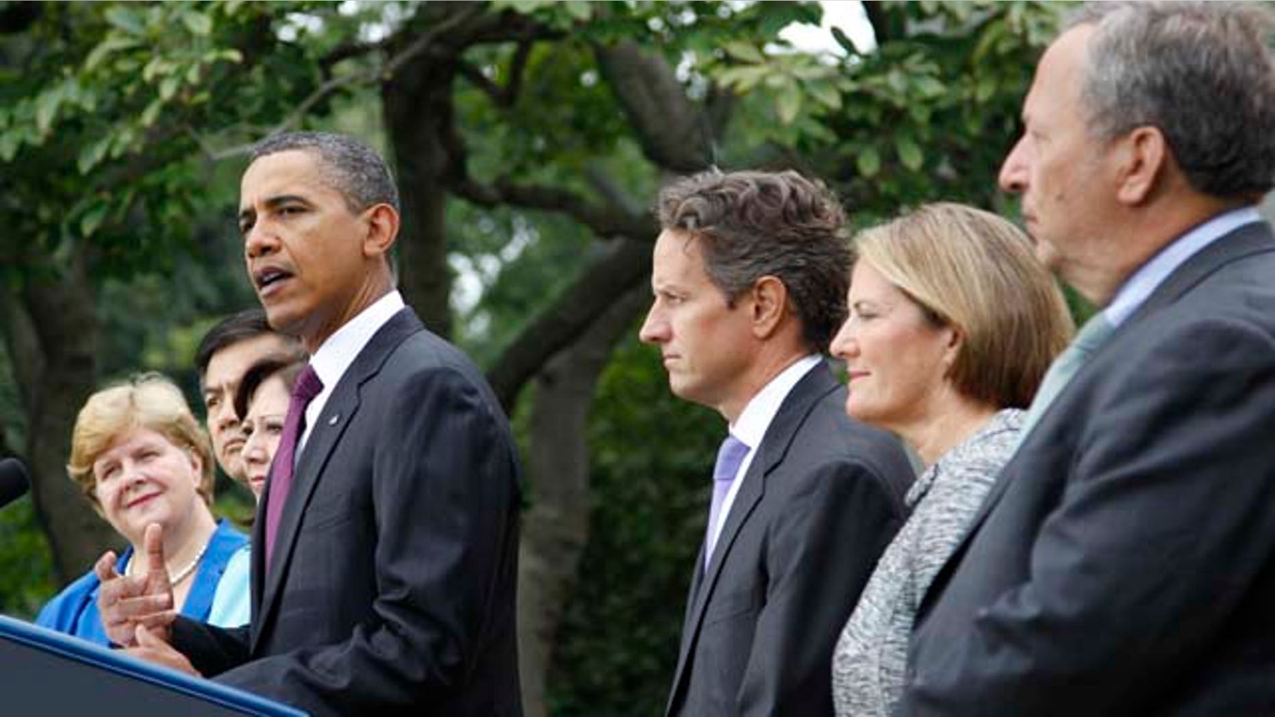 Sept. 3: President Barack Obama, center, delivers a statement on monthly jobs number in Rose Garden of the White House in Washington. From left are, outgoing Council of Economic Advisers Chair Christina Romer, Commerce Secretary Gary Locke, Labor Secretary Hilda Solis, the president, Treasury Secretary Timothy Geithner, Small Business Administrator Karen G. Mills and National Economic Council Director Lawrence Summers.