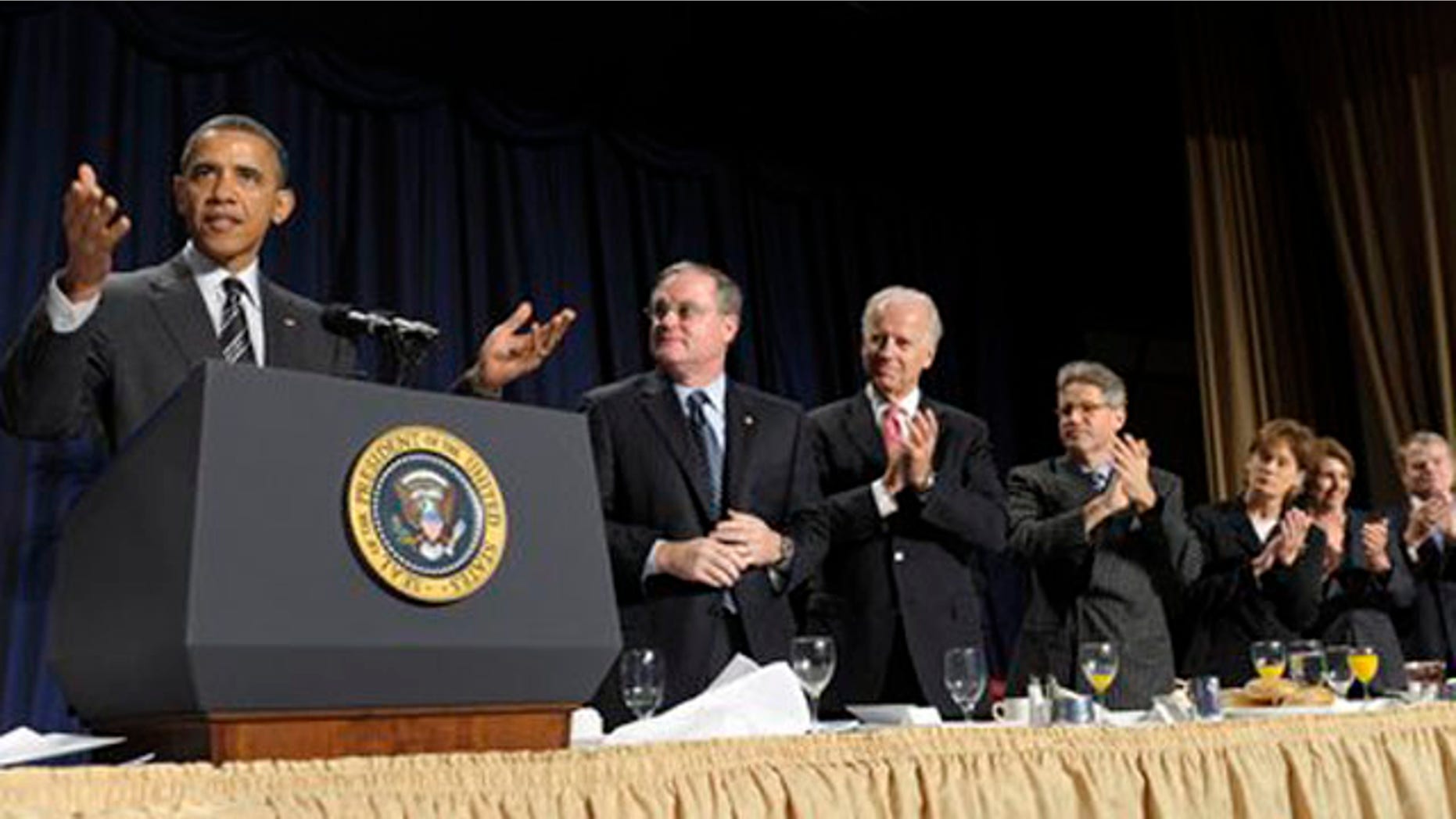 Feb. 2, 2012: President Barack Obama gestures while speaking at the National Prayer Breakfast in Washington.