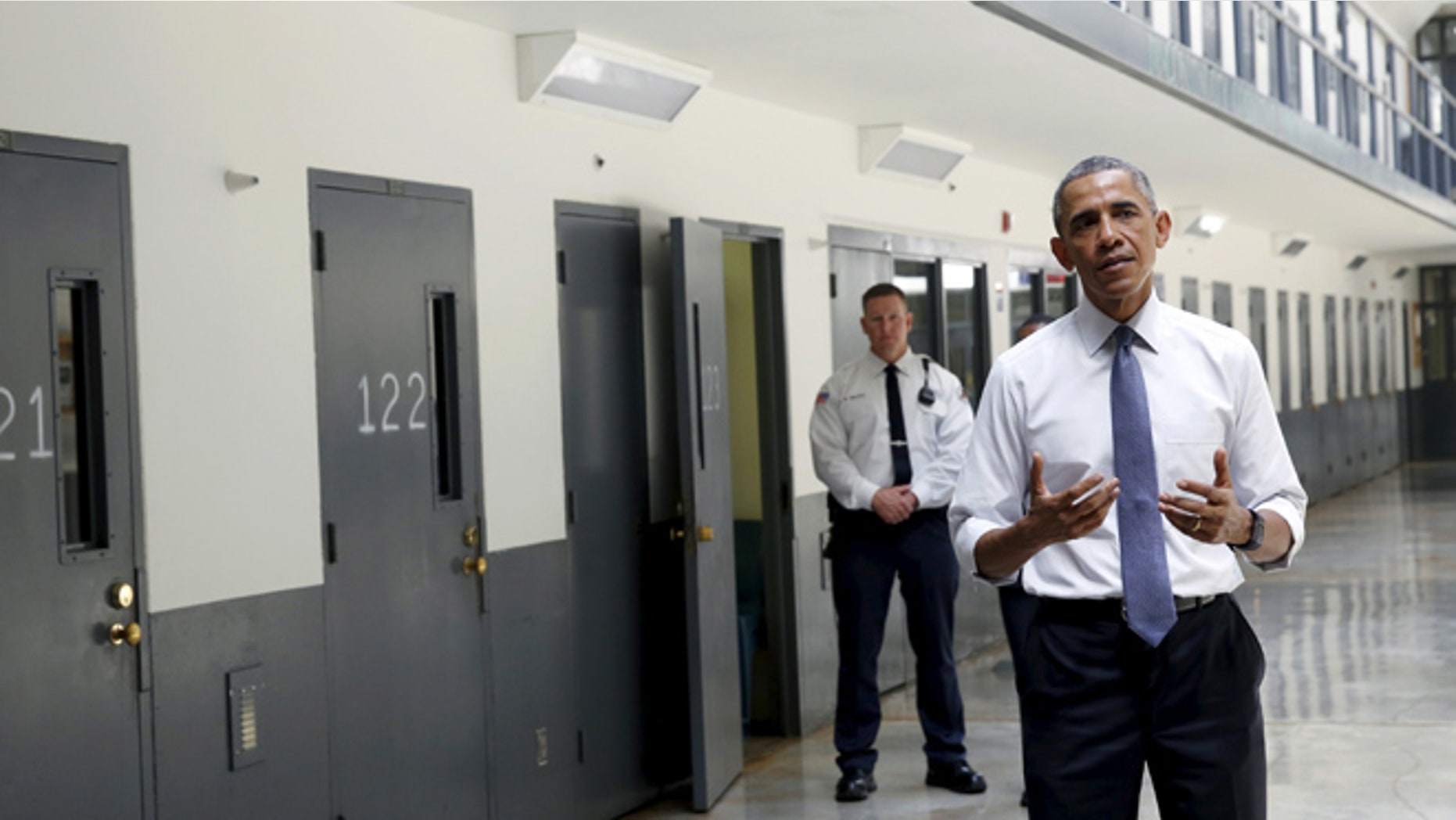 July 16, 2015: President Obama speaks to reporters during his visit to the El Reno Federal Correctional Institution in El Reno, Oklahoma. (Reuters)
