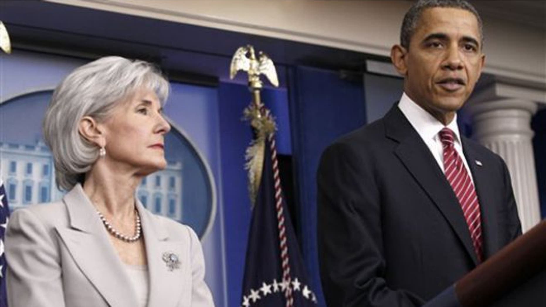 Feb. 10, 2012: President Obama, accompanied by Health and Human Services Secretary Kathleen Sebelius, speaks at the White House.