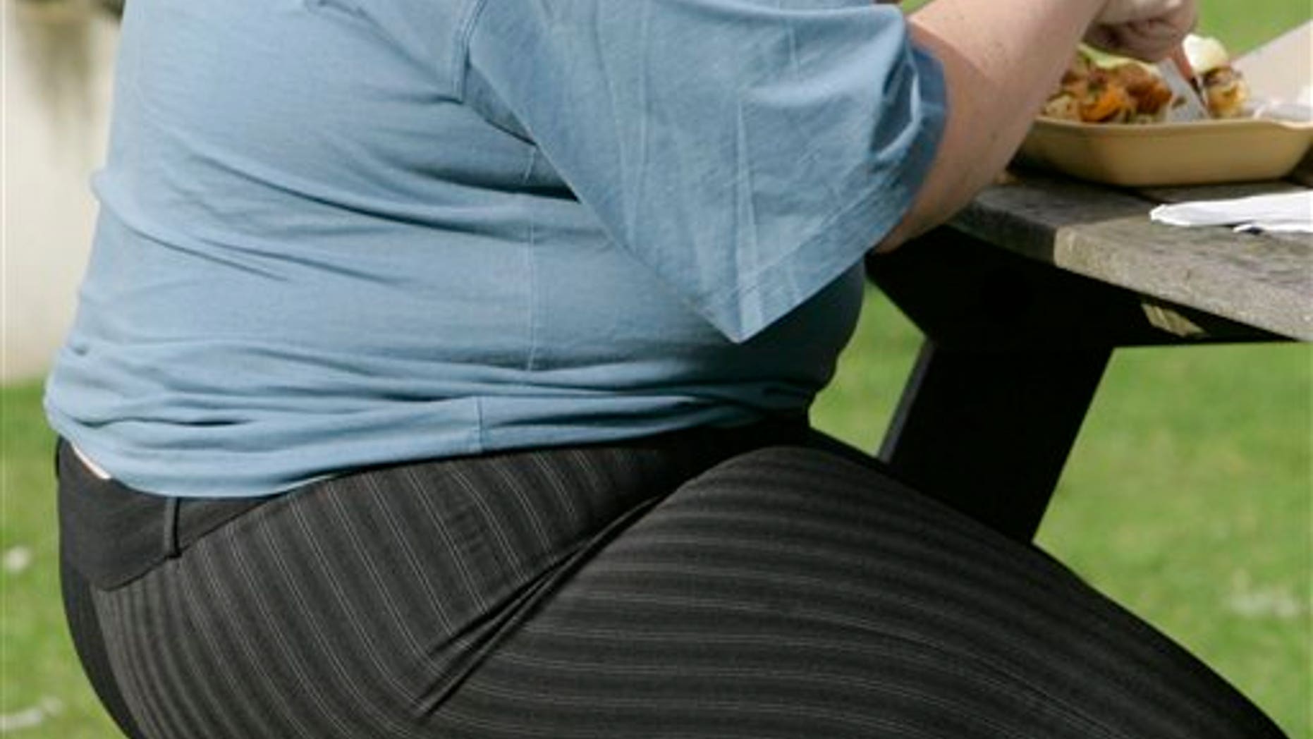 FILE - In this Wednesday, Oct. 17, 2007 file photo, an overweight person eats at a bench in London. The European Court of Justice says obesity can be a disability, a ruling that could have consequences for employers across the continent. The court ruled Thursday, Dec. 18, 2014 in the case of a Danish child-minder who says he was unfairly fired for being fat. The court said if obesity hinders "full and effective participation in professional life, it could count as a disability. Discrimination on the grounds of disability is illegal under European Union law. (AP Photo/Kirsty Wigglesworth, file)
