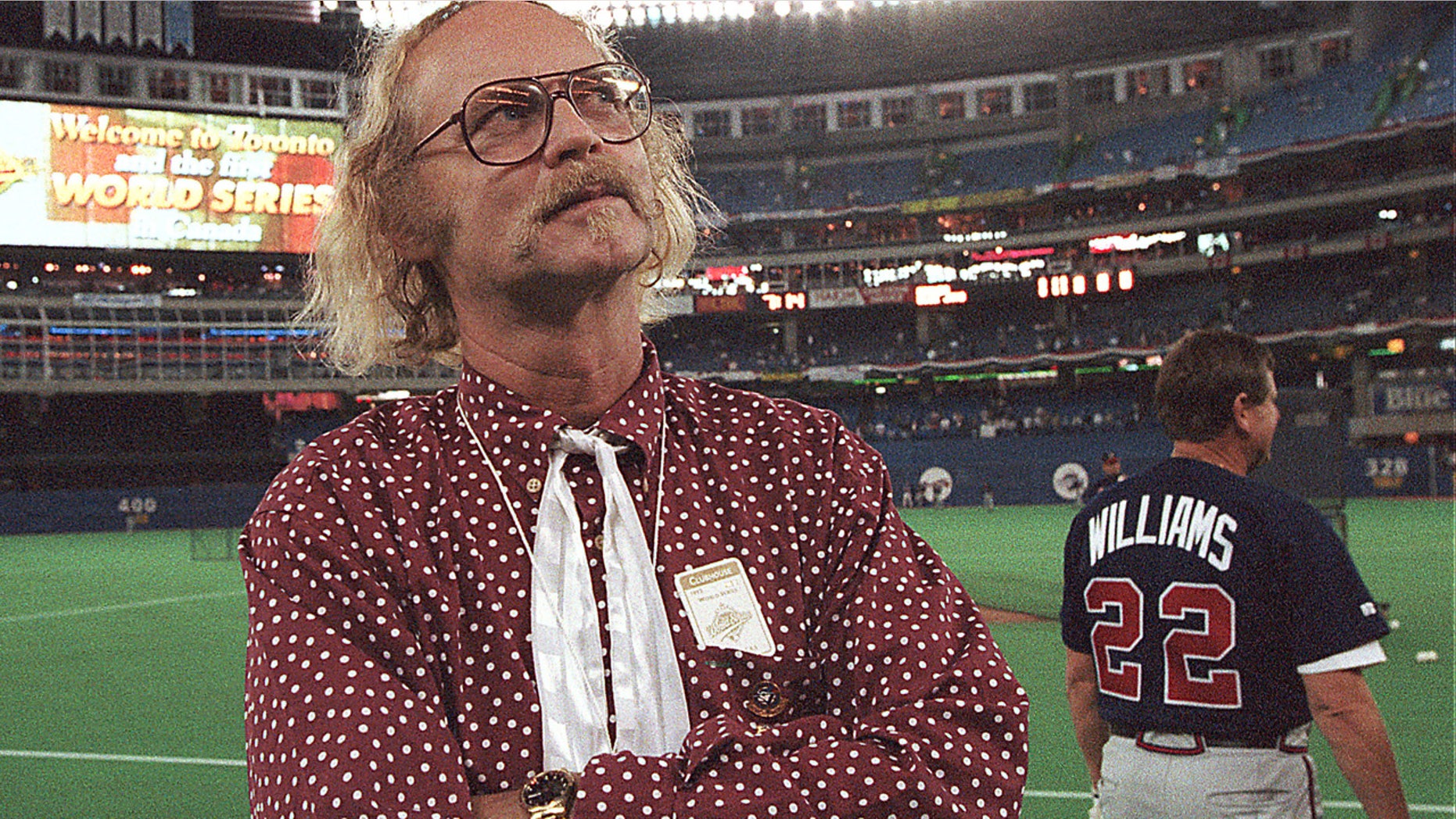 Oct. 23, 1992: Canadian author W.P. Kinsella stands on the field before game five of the World Series between the Toronto Blue Jays and Atlanta Braves at SkyDome in Toronto, Ontario. Kinsella, the author of "Shoeless Joe," the award-winning novel that became the film "Field of Dreams," has died at 81.