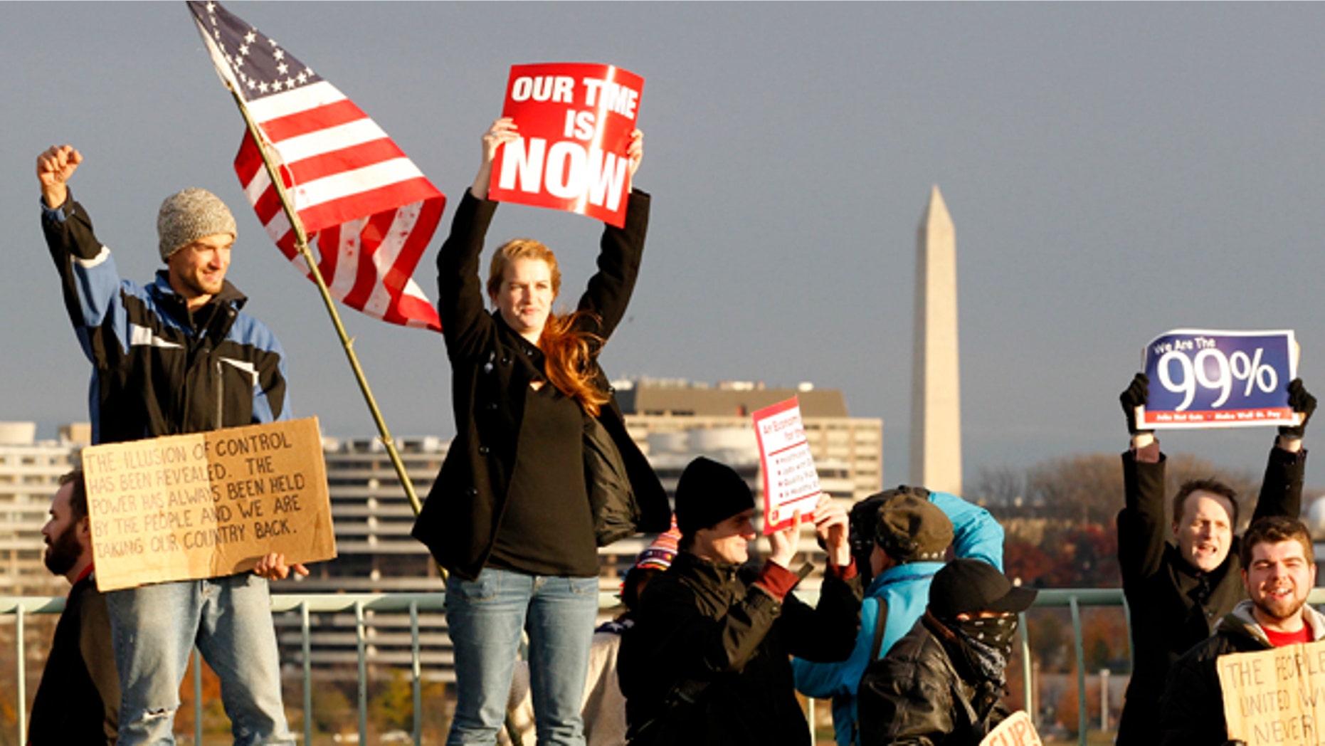 Nov. 17, 2011: Demonstrators stand on the Key Bridge in Washington, D.C.