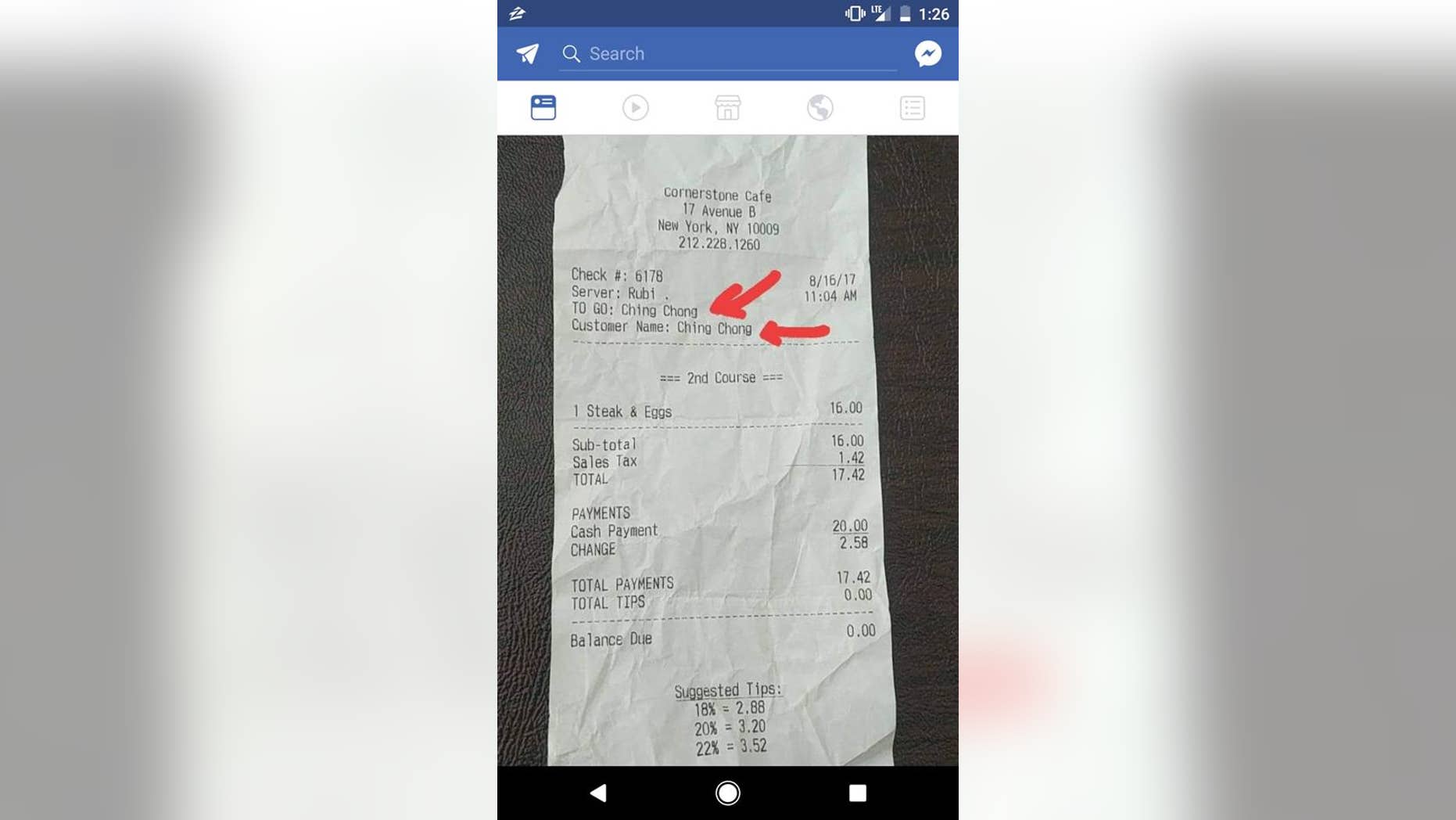 An Asian patron at the Cornerstone Cafe said a server wrote "Ching Chong" on her receipt.