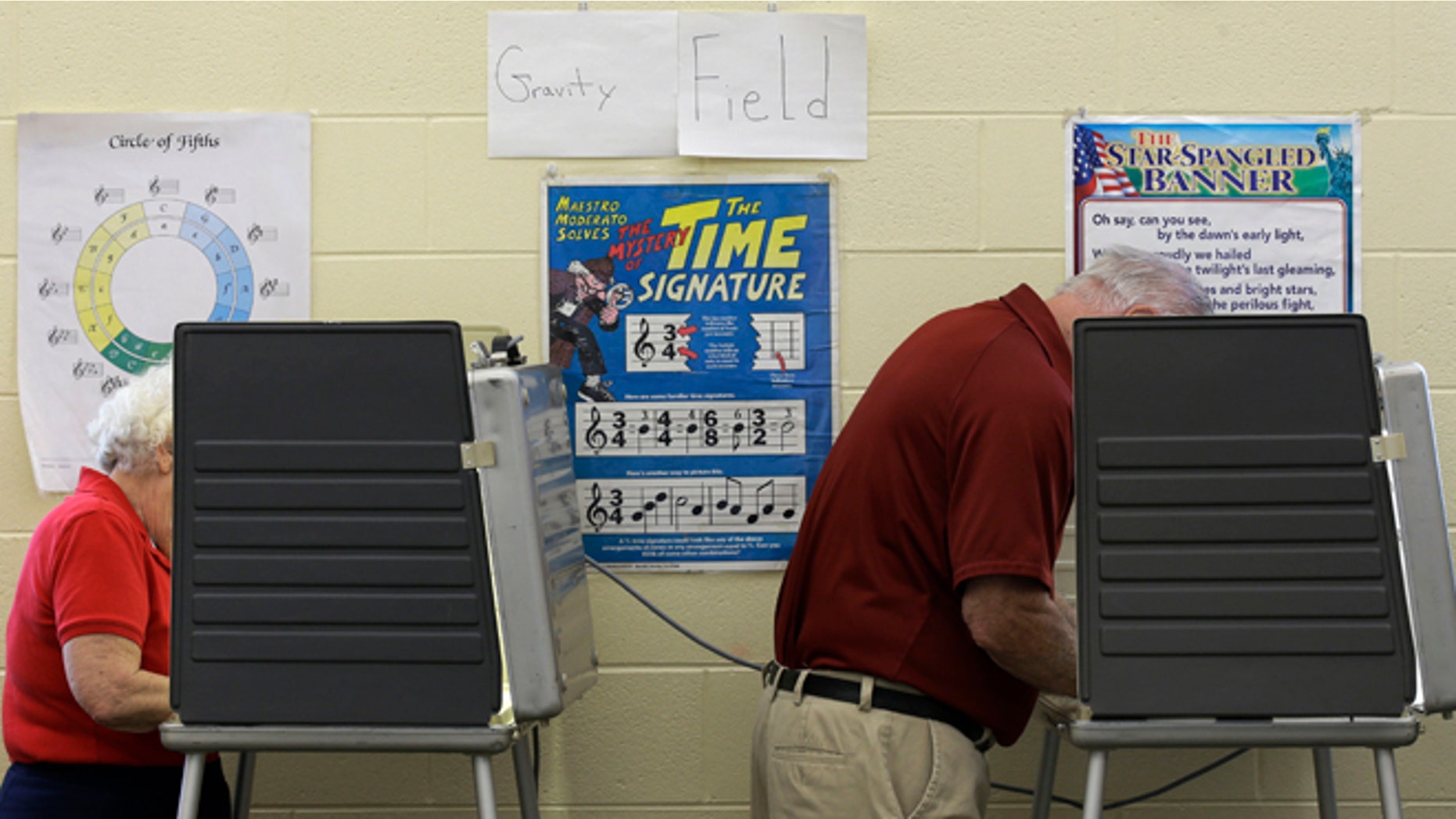 May 6, 2014: Two people vote in a music room at Sands Montessori School in Cincinnati.