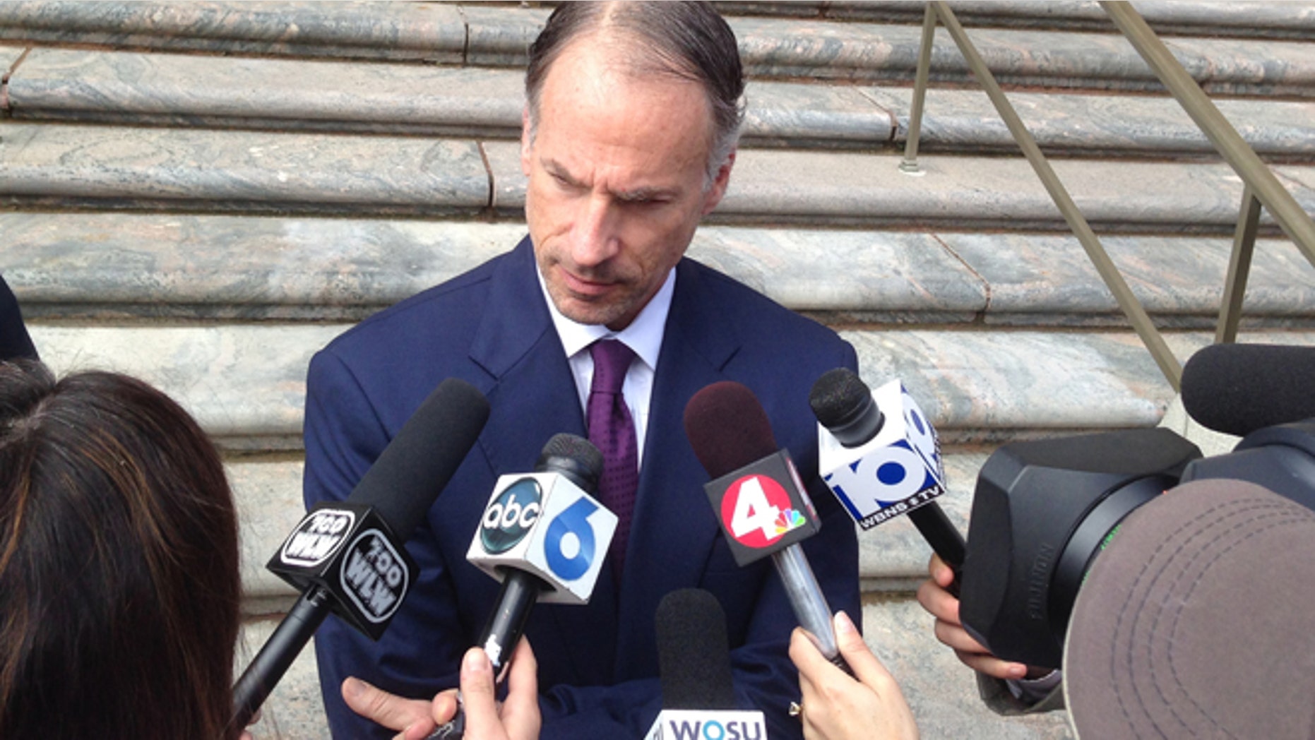 April 17, 2015: Sam Shamansky, defense attorney for accused terrorist Abdirahman Sheik Mohamud, answers questions after Mohamud entered not guilty pleas in federal court to charges of supporting terrorism, supporting a terrorist group and making a false statement involving international terrorism in Columbus, Ohio.