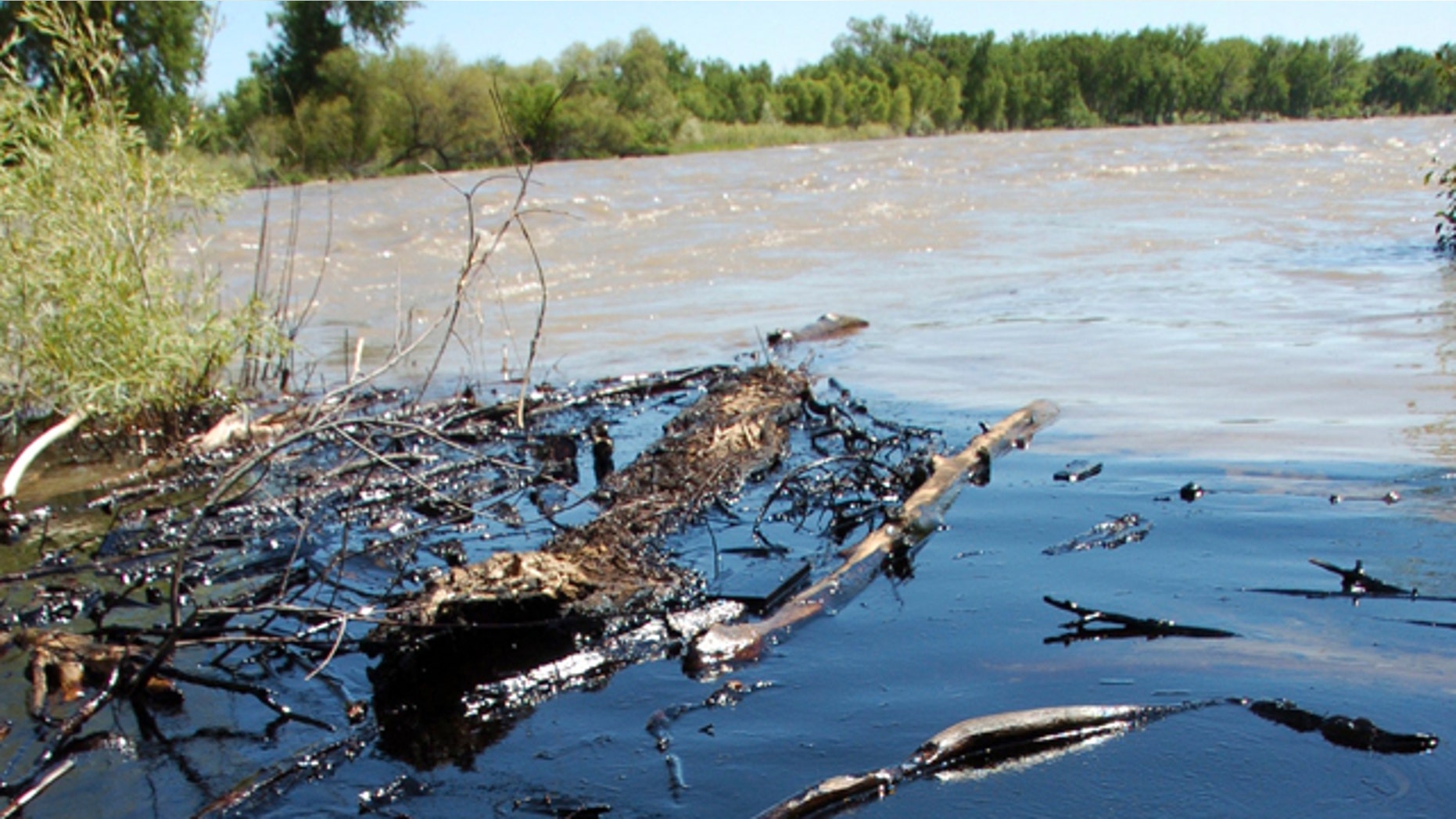 July 2,2011: Oil from a ruptured ExxonMobil pipeline is seen in the Yellowstone River and along its banks near Laurel, Mont.