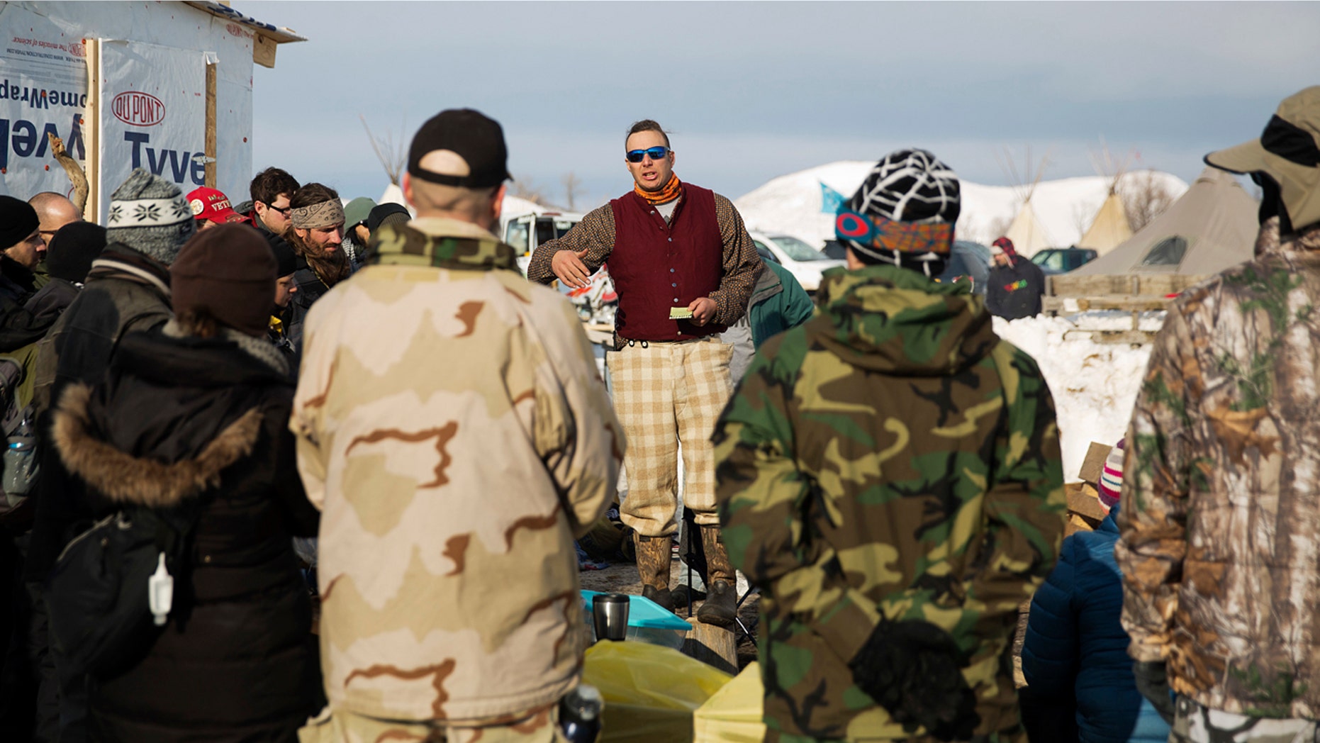 Dec. 3, 2016: A group of veterans attend a briefing at the Oceti Sakowin camp where people have gathered to protest the Dakota Access oil pipeline in Cannon Ball, N.D.