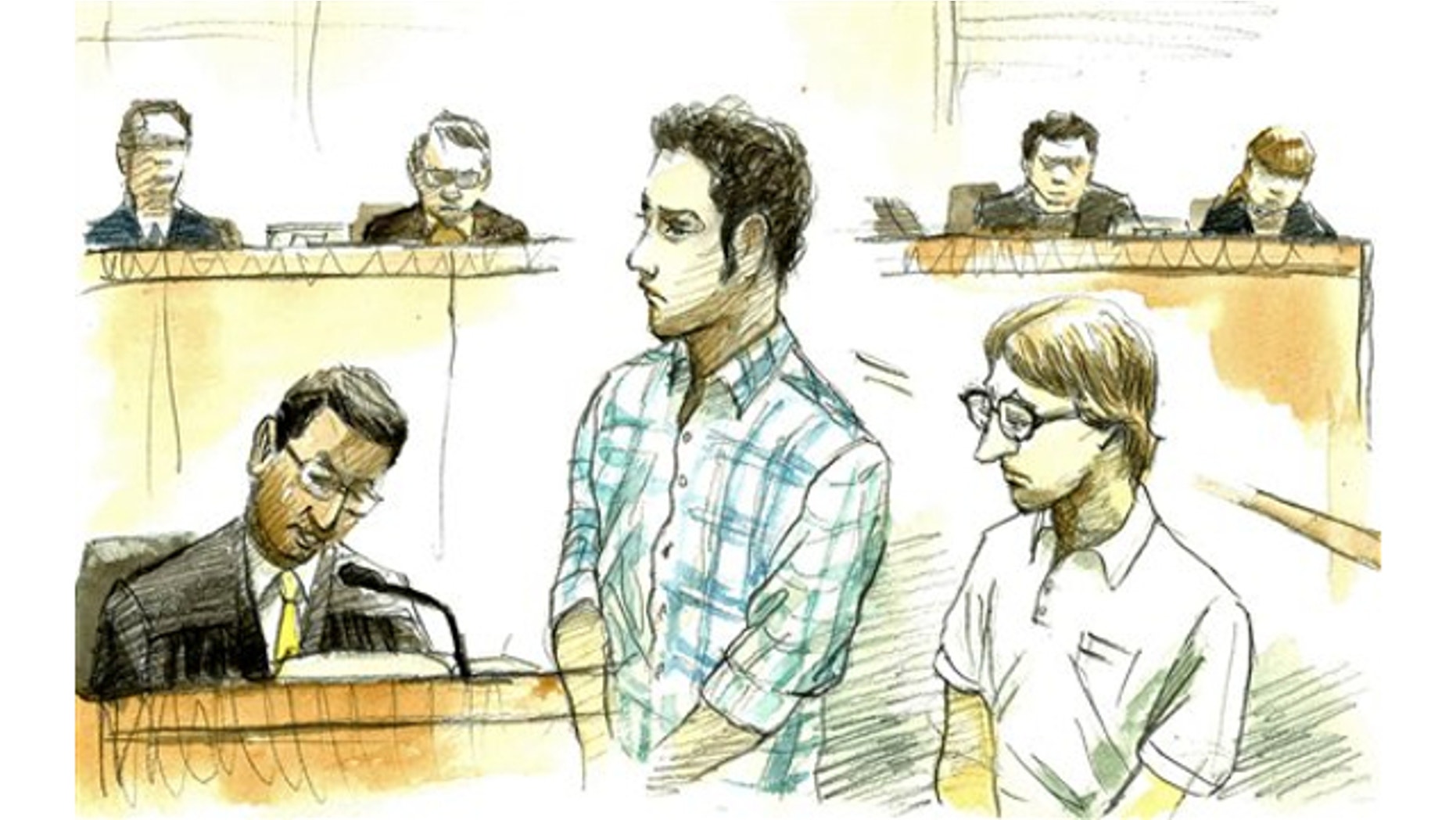 March 1, 2013: In this courtroom sketch, U.S. Navy Seaman Christopher Browning, of Athens, Texas, right, and Petty Officer 3rd Class Skyler Dozierwalker, of Muskogee, Oklahoma, attend a session at the Naha District Court in Naha, Okinawa Prefecture (State), Japan.