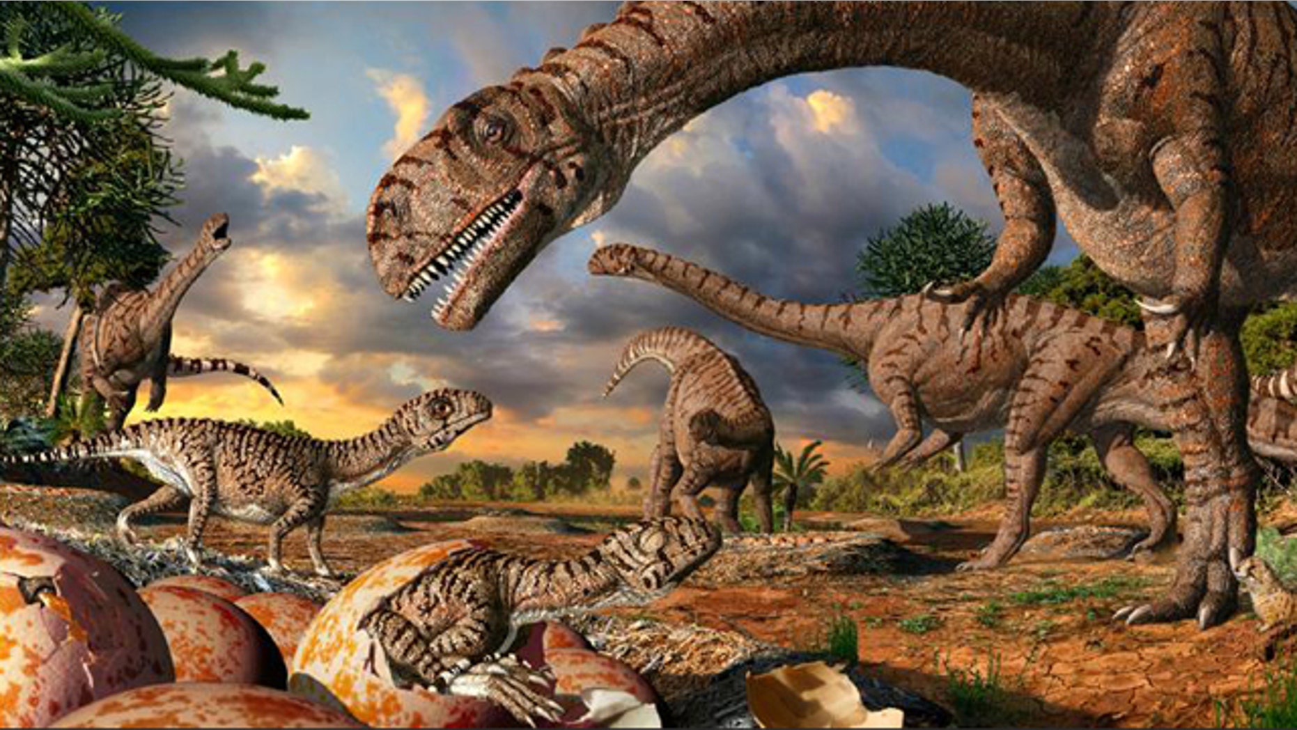 An artist's recreation of Golden Gate Highlands National Park, South Africa, where paleontologists have unearthed the oldest known dinosaur nesting site, dating to 190 million years ago.