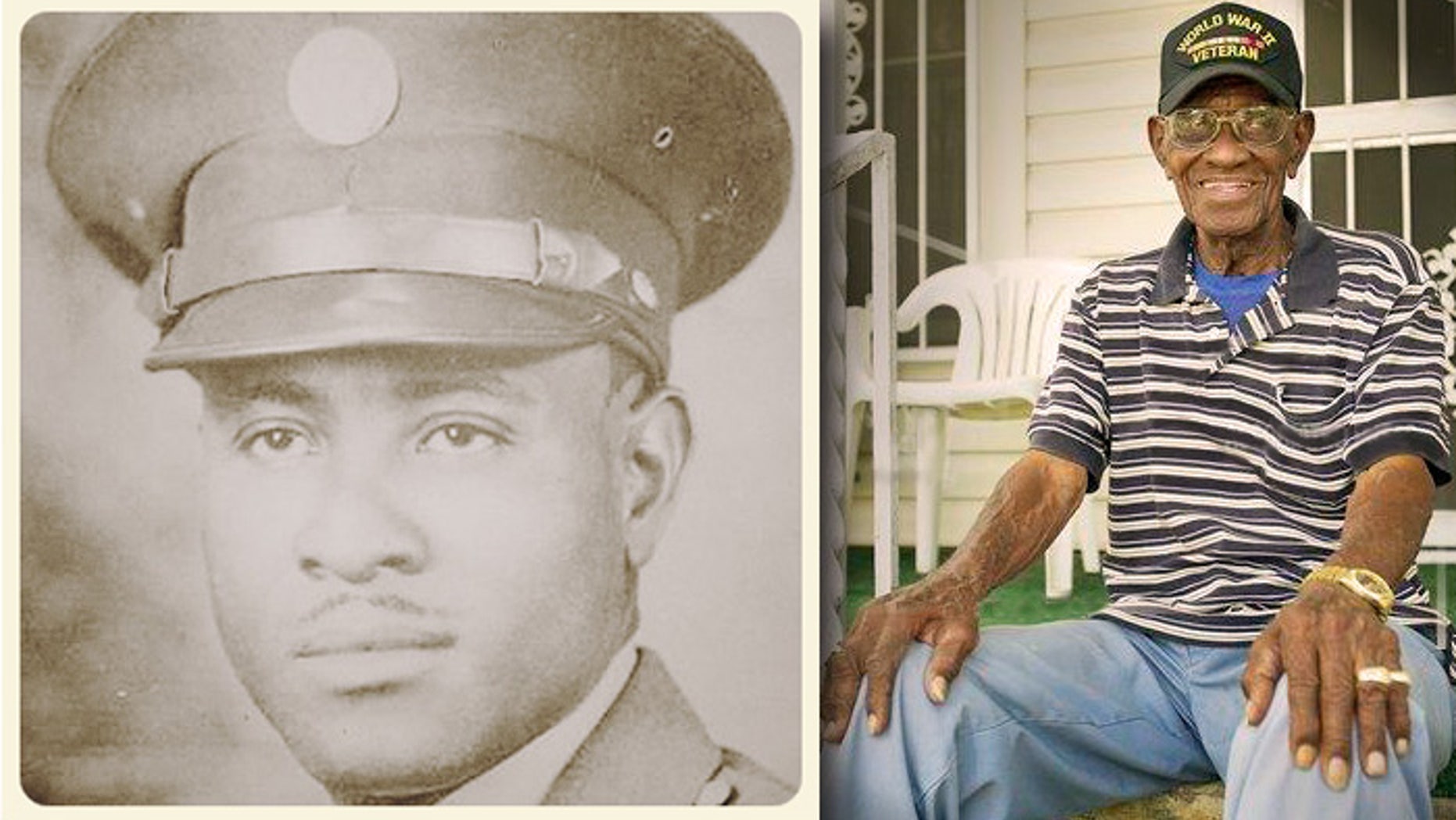 World War II veteran Richard Overton, left, is seen in his Army uniform in an undated photograph provided by the City of Austin. At right, Overton outside his Texas home. (AP/Austin American Statesman)