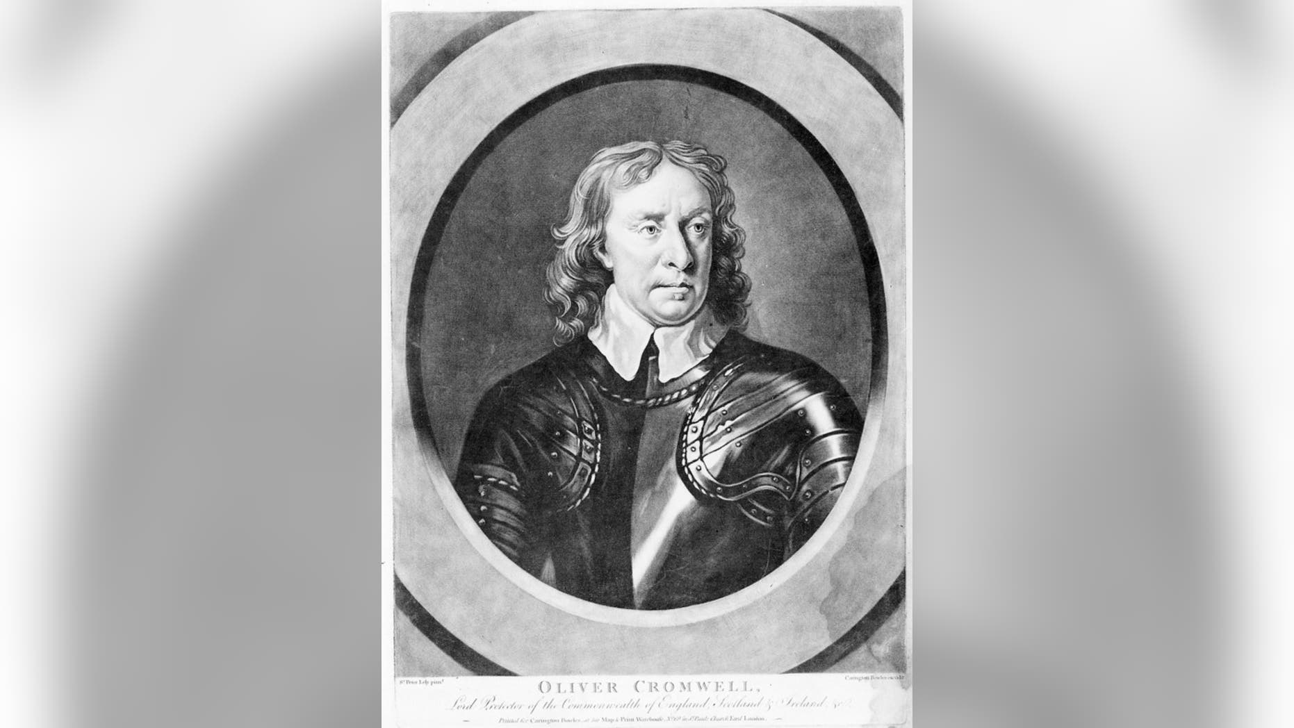 A portrait of Oliver Cromwell in armor.