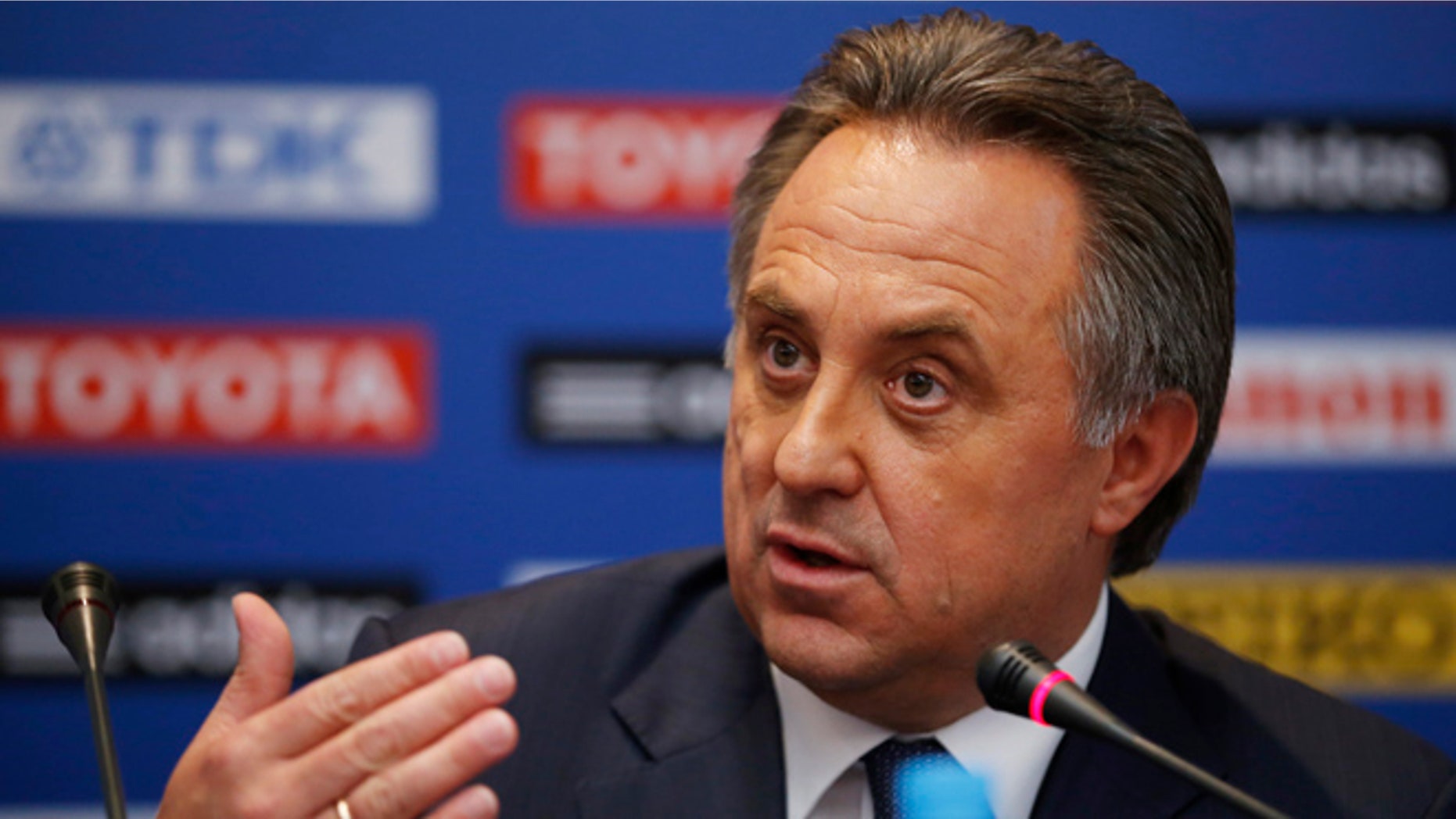Aug. 8, 2013: In this file photo, Russian sports minister Vitaly Mutko speaks during a news conference at a hotel in Moscow ahead of the IAAF athletics World Championships.