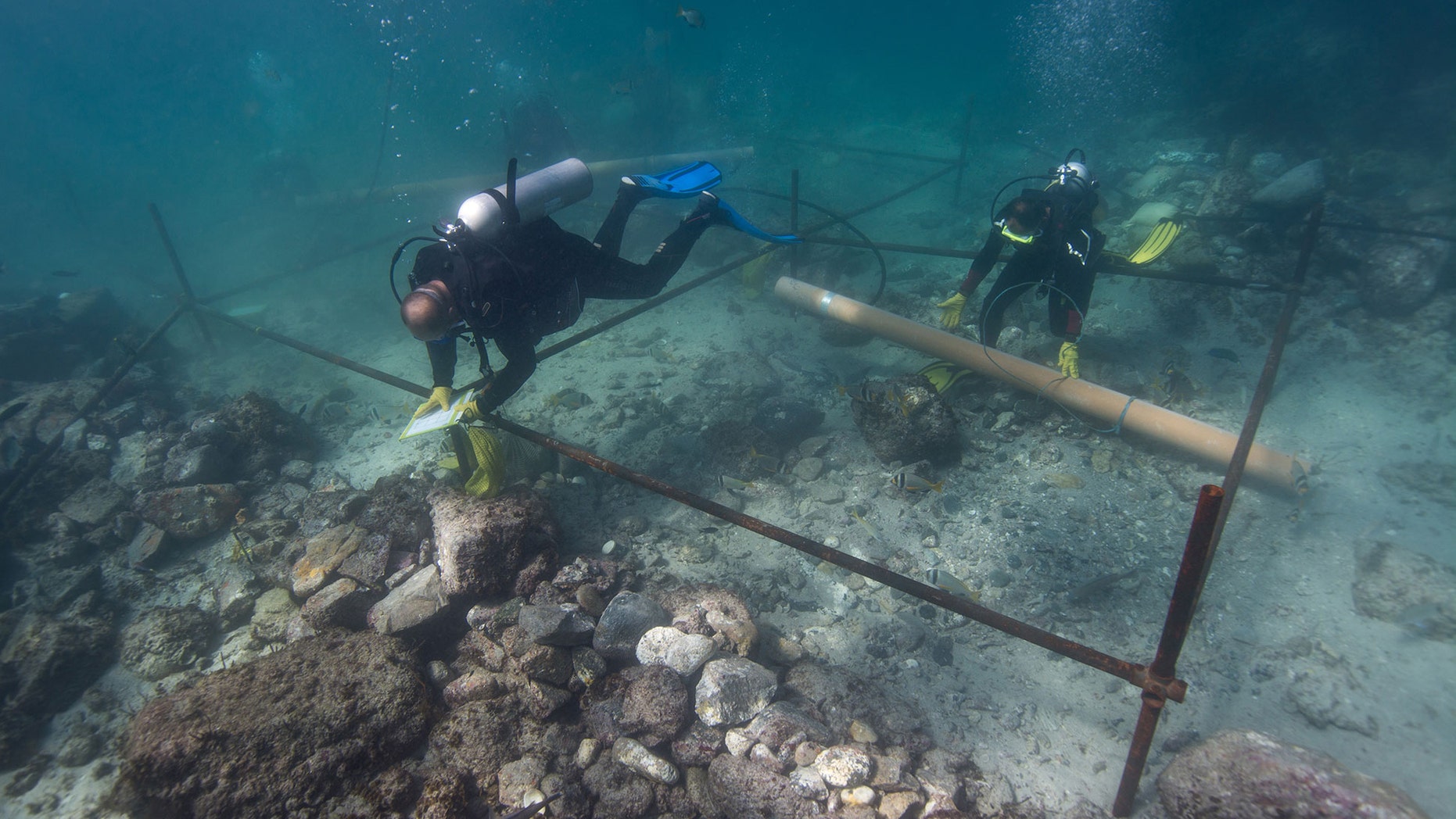 In this undated photo made available by Blue Water Recoveries company on Tuesday, March 15, 2016, divers excavate the wreck site of the Portuguese explorer Vasco da Gama's ship, Esmeralda which sank in a storm in May 1503 off the coast of Al Hallaniyah island in Oman's Dhofar region. (Blue Water Recoveries company via AP)