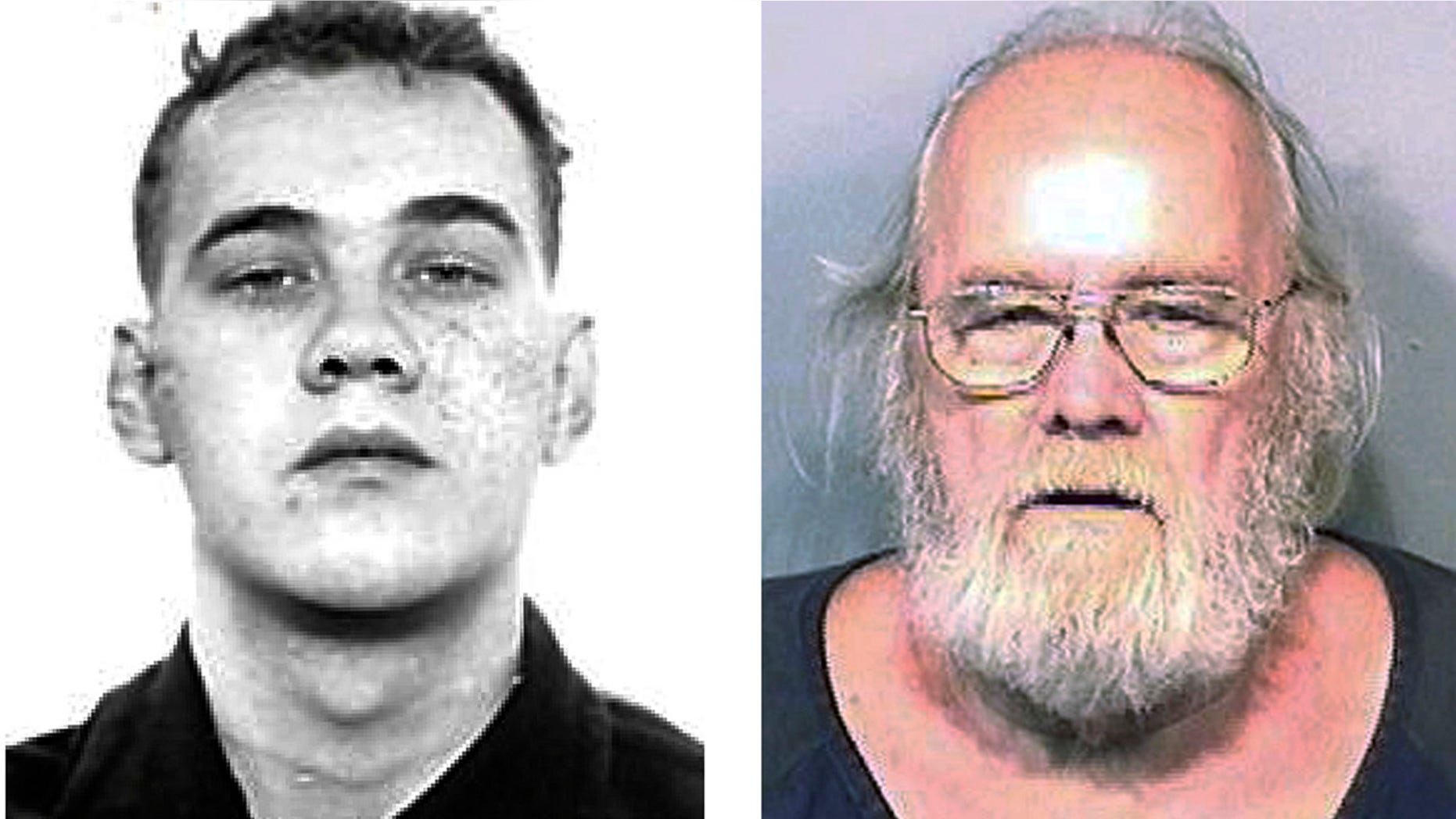 FILE - This pair of photos shows Frank Freshwaters, left, in a Feb. 26, 1959, Ohio State Reformatory photo released by the U.S. Marshals Service, and right, in a May 4, 2015, booking photo released by the Brevard County Sheriff's Office in Florida. (Ohio State Reformatory and Brevard County Sheriff's Office via AP, File)